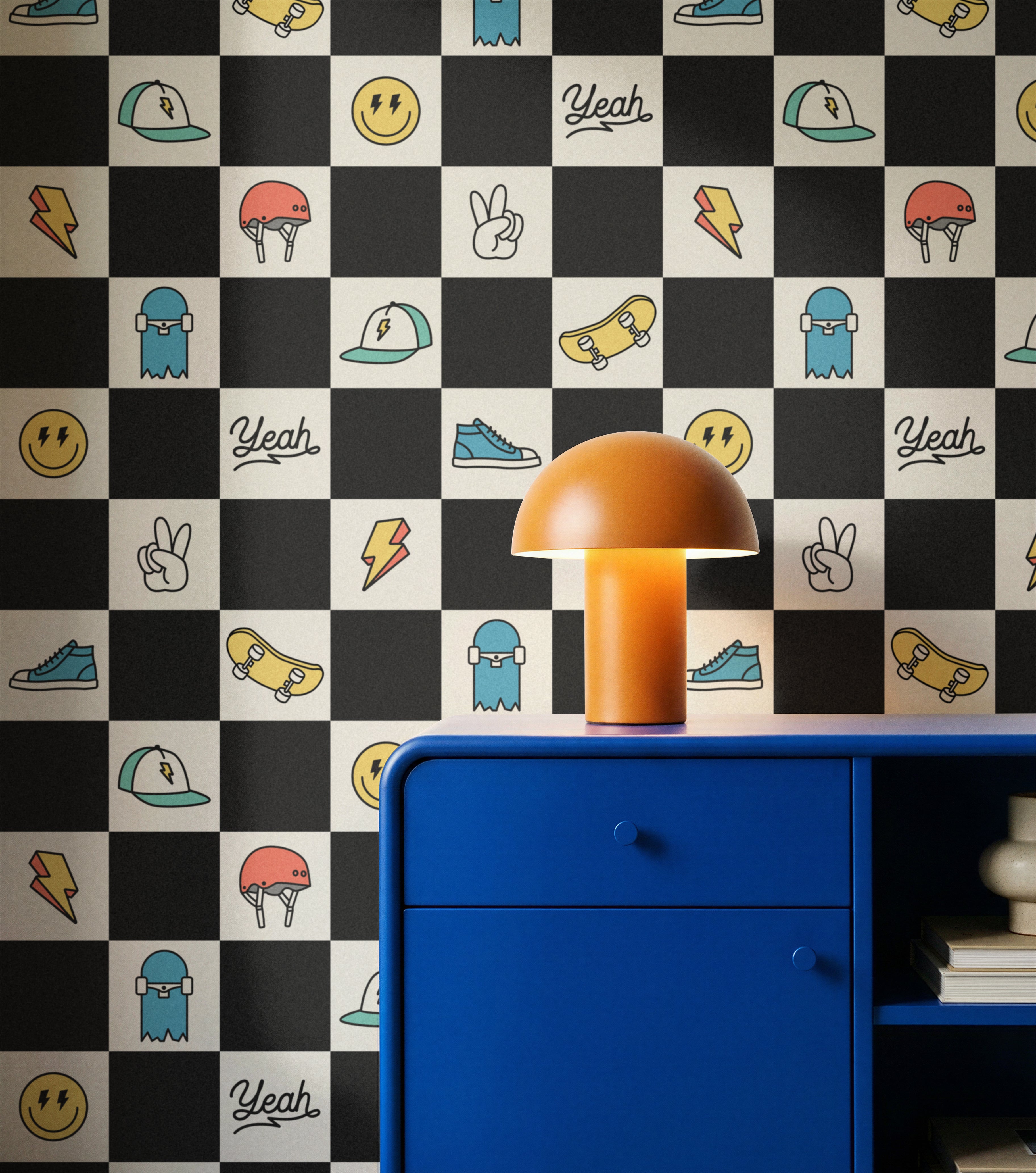 boys room checker wallpaper with skate icons in modern kids bedroom