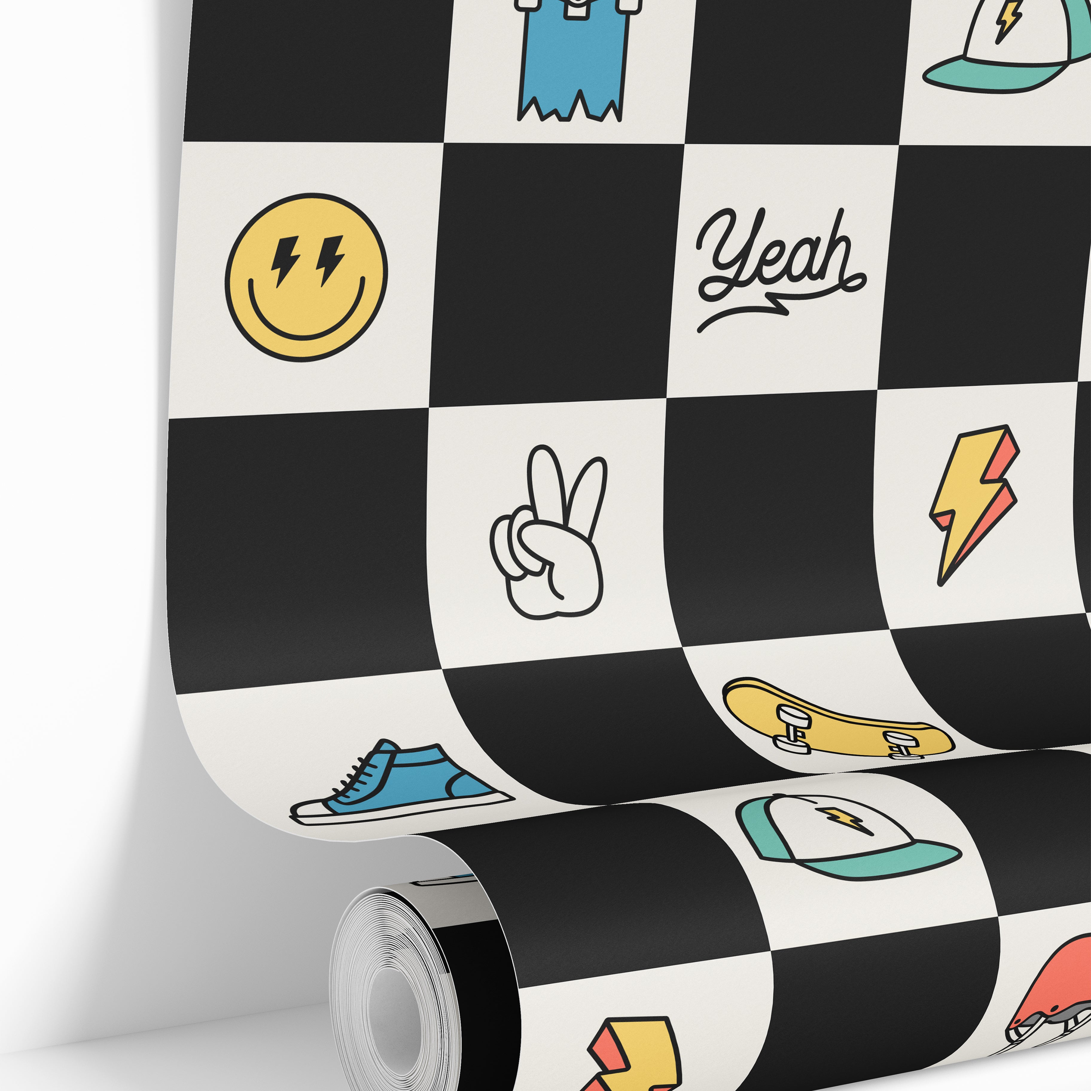 checker wallpaper roll with skate icon pattern detail