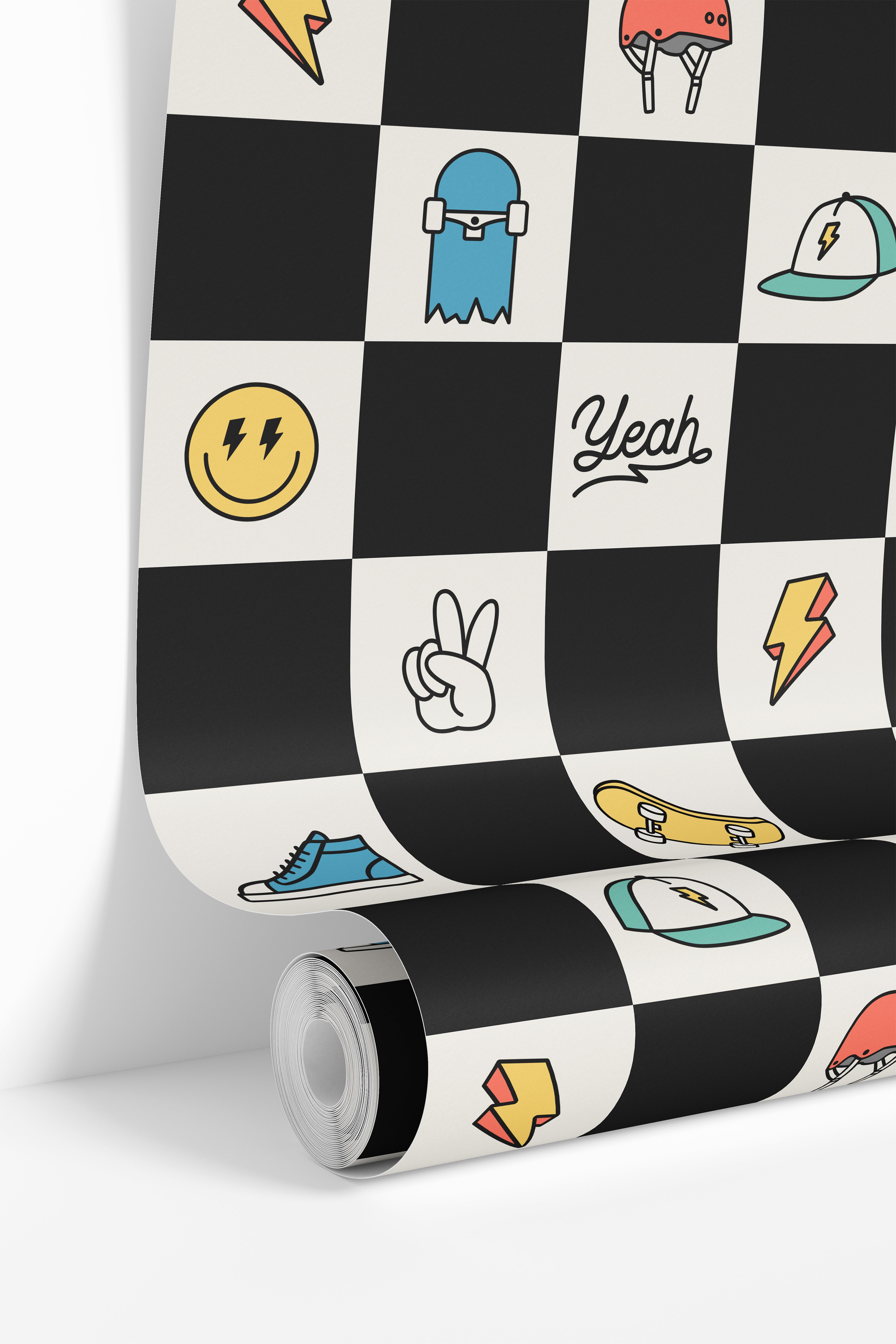 checker wallpaper roll with skate icon pattern detail