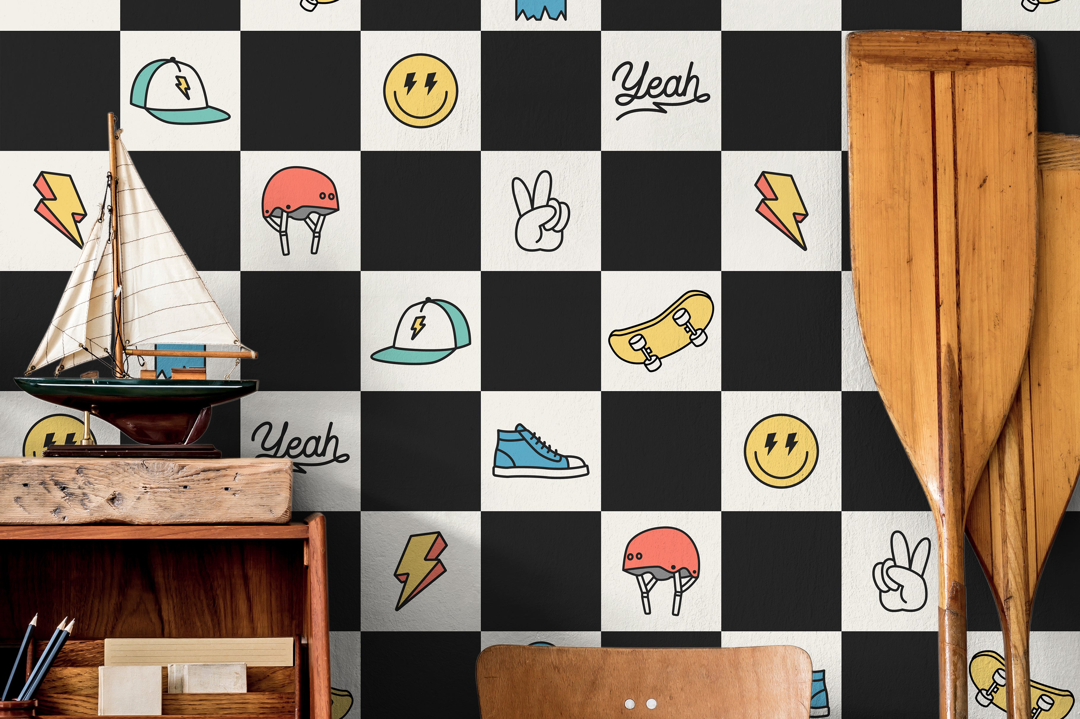 teen room checker wallpaper with skate icons and modern decor