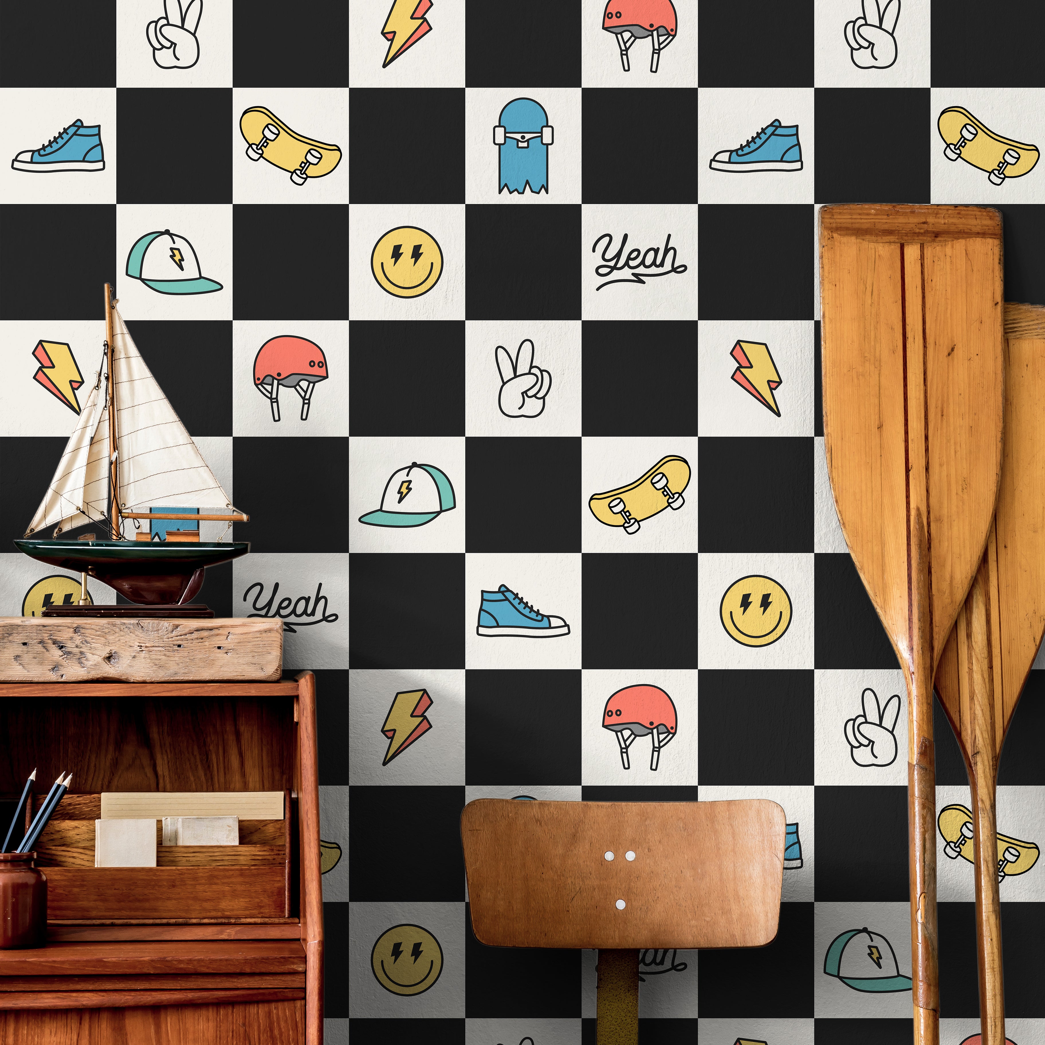 teen room checker wallpaper with skate icons and modern decor