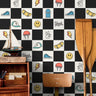 teen room checker wallpaper with skate icons and modern decor
