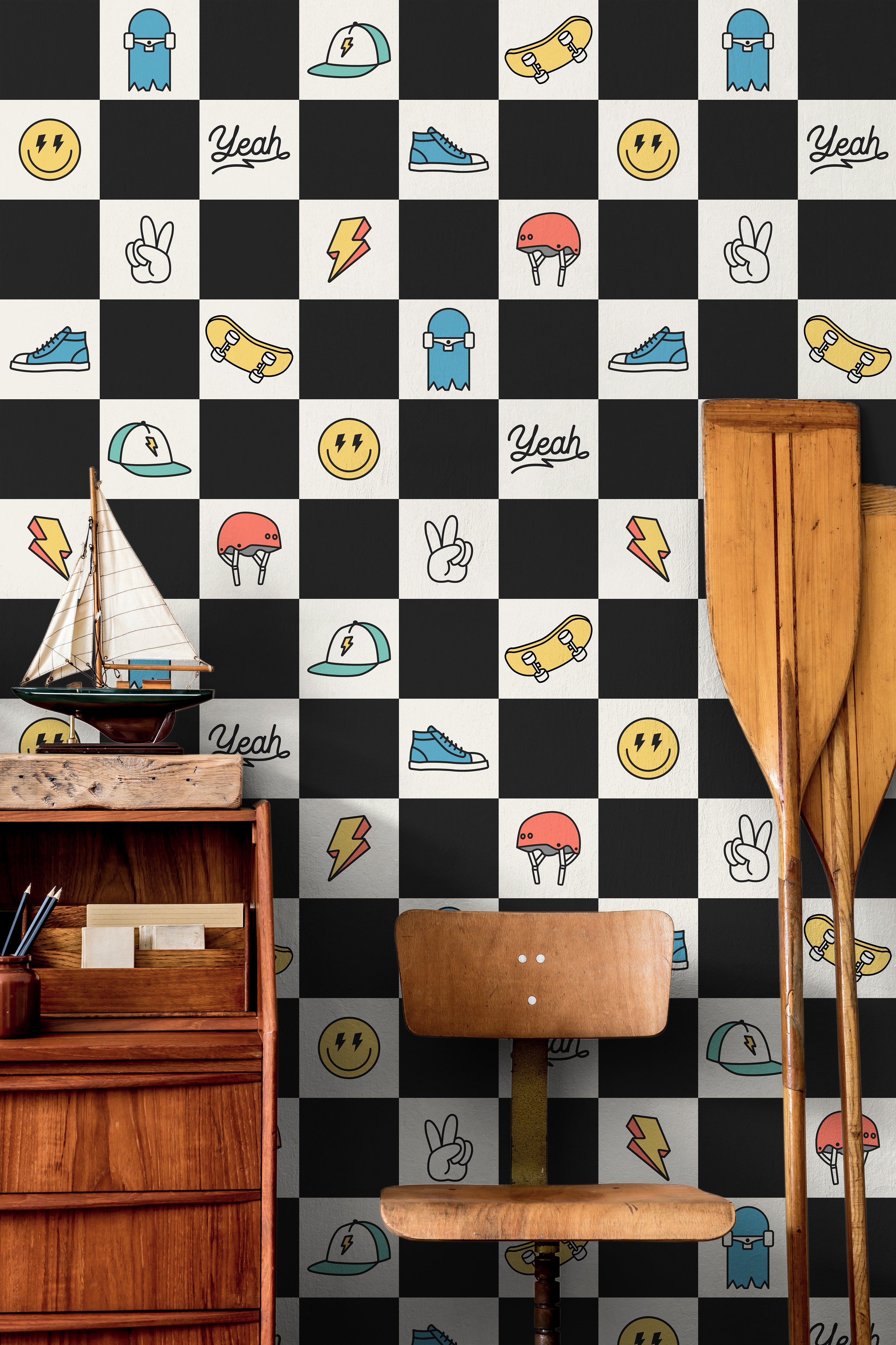 teen room checker wallpaper with skate icons and modern decor