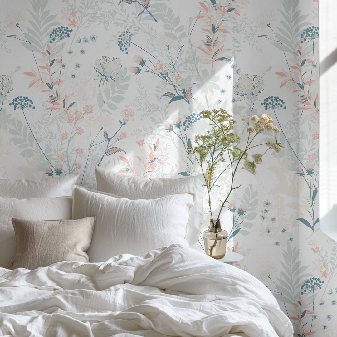 bedroom with summer vale wildflower wallpaper in soft sage, teal and peach on ivory