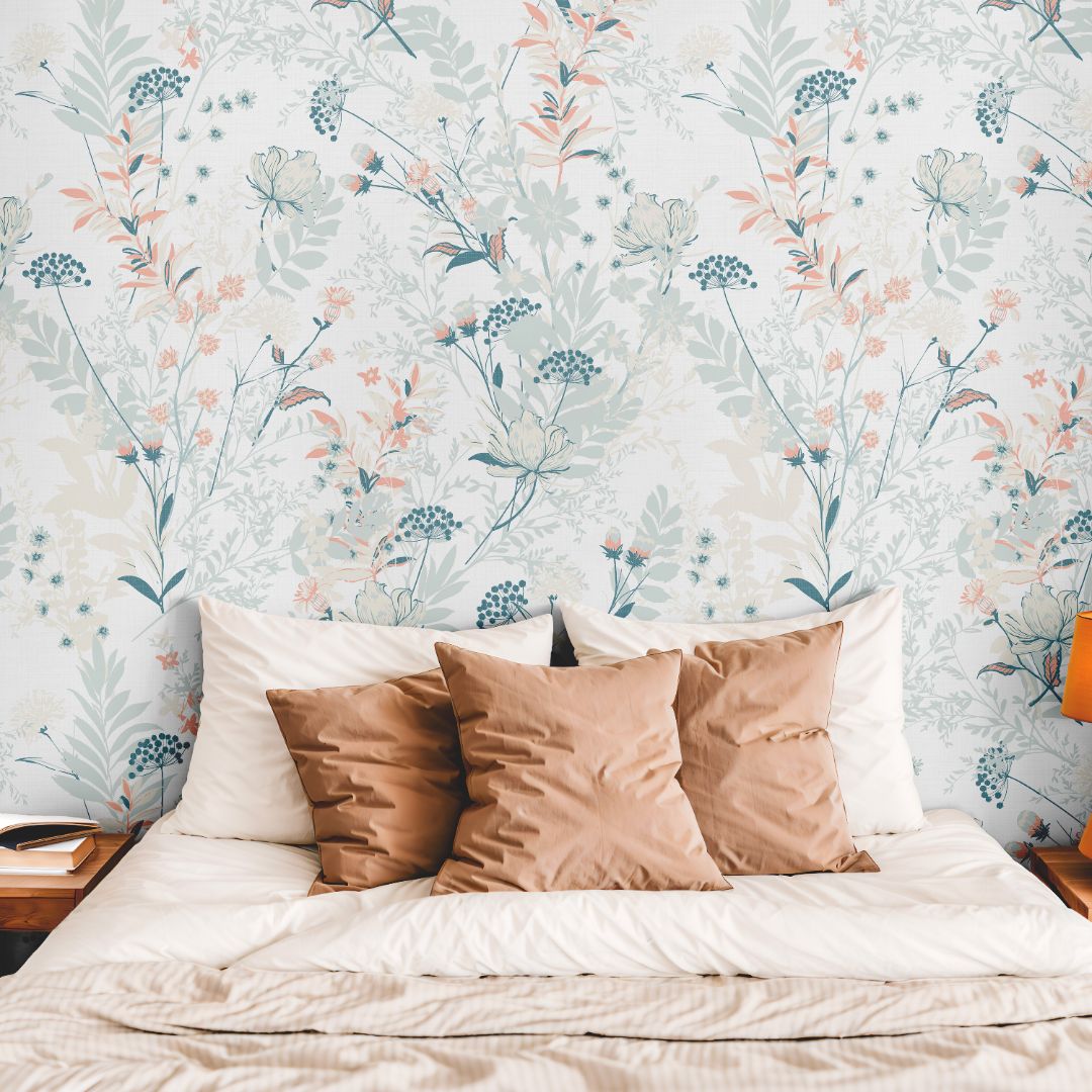 statement wall in summer vale wildflower wallpaper with sage and peach botanicals