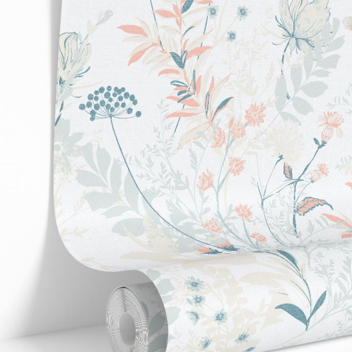 roll of summer vale wildflower wallpaper in sage, teal and peach on ivory, 2114