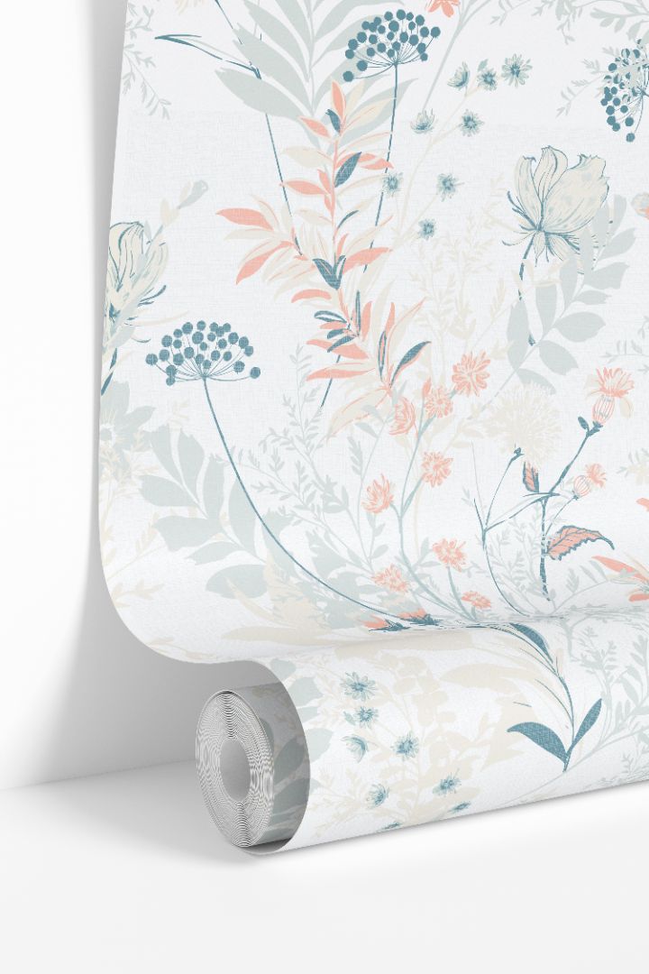 roll of summer vale wildflower wallpaper in sage, teal and peach on ivory, 2114