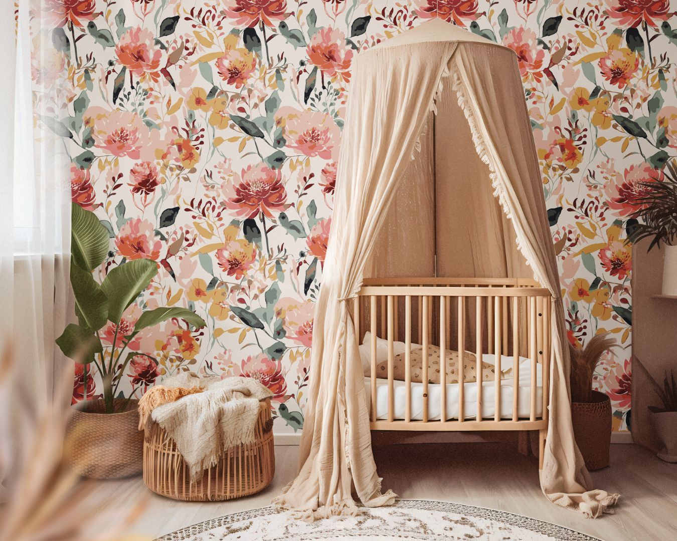 Nursery with canopy crib against large-scale blush and coral wildflower wallpaper, sage leaves and cream background, pattern 987