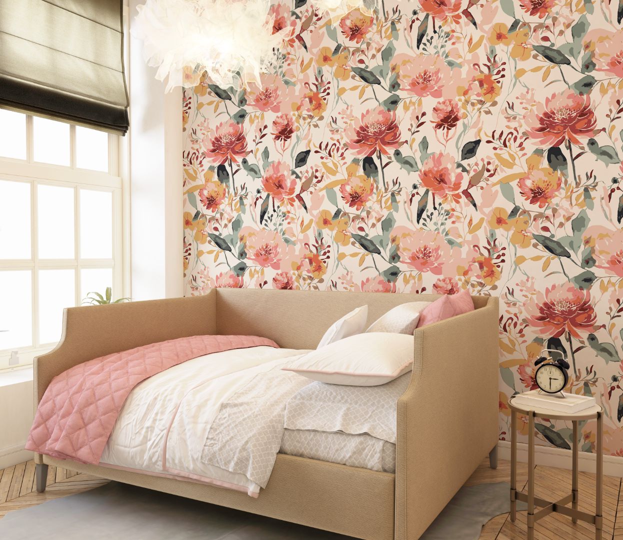 Cozy bedroom feature wall in warm blush and coral floral wallpaper with mustard accents and sage foliage, pattern 987
