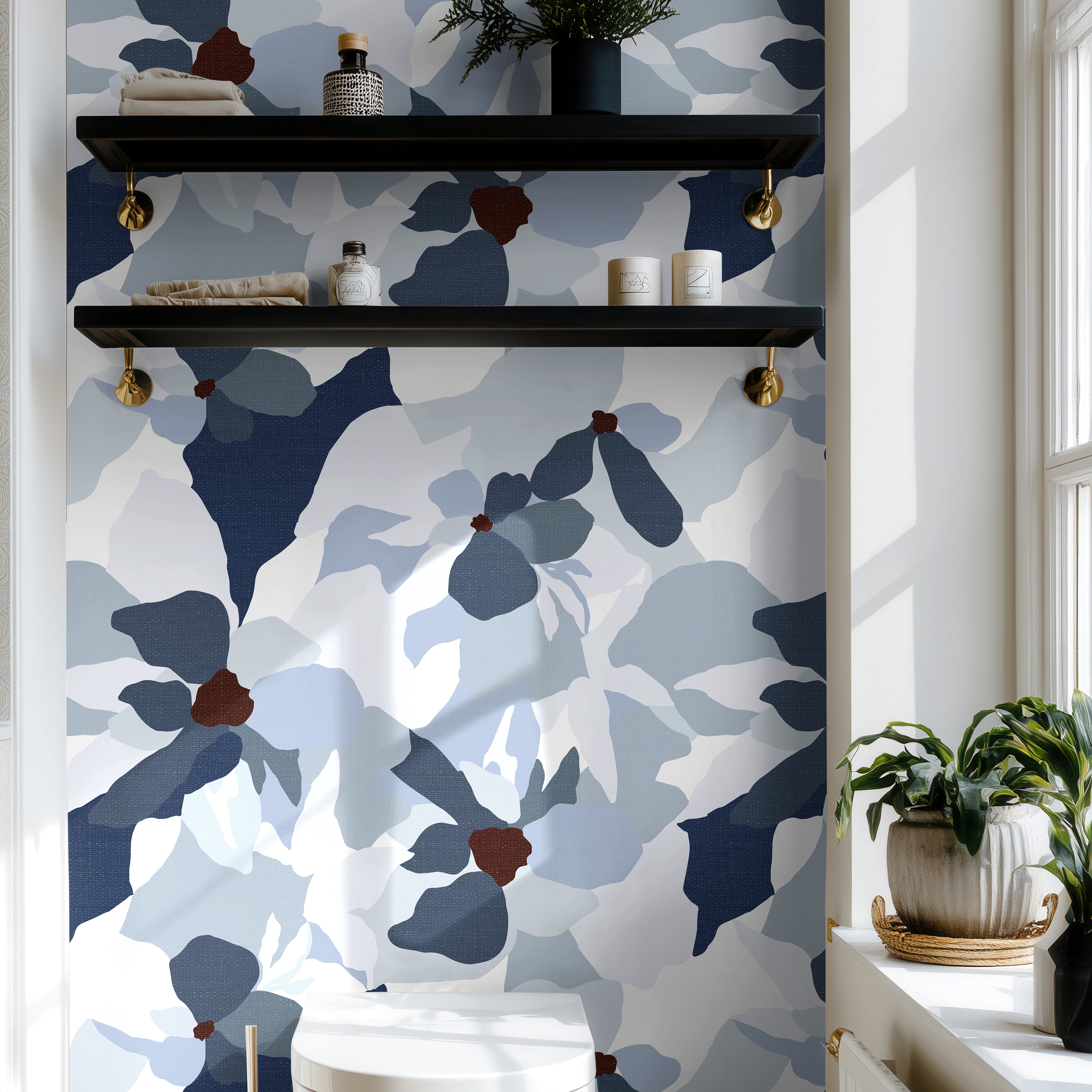 blue gray floral bathroom wallpaper creating a calm retreat-like atmosphere