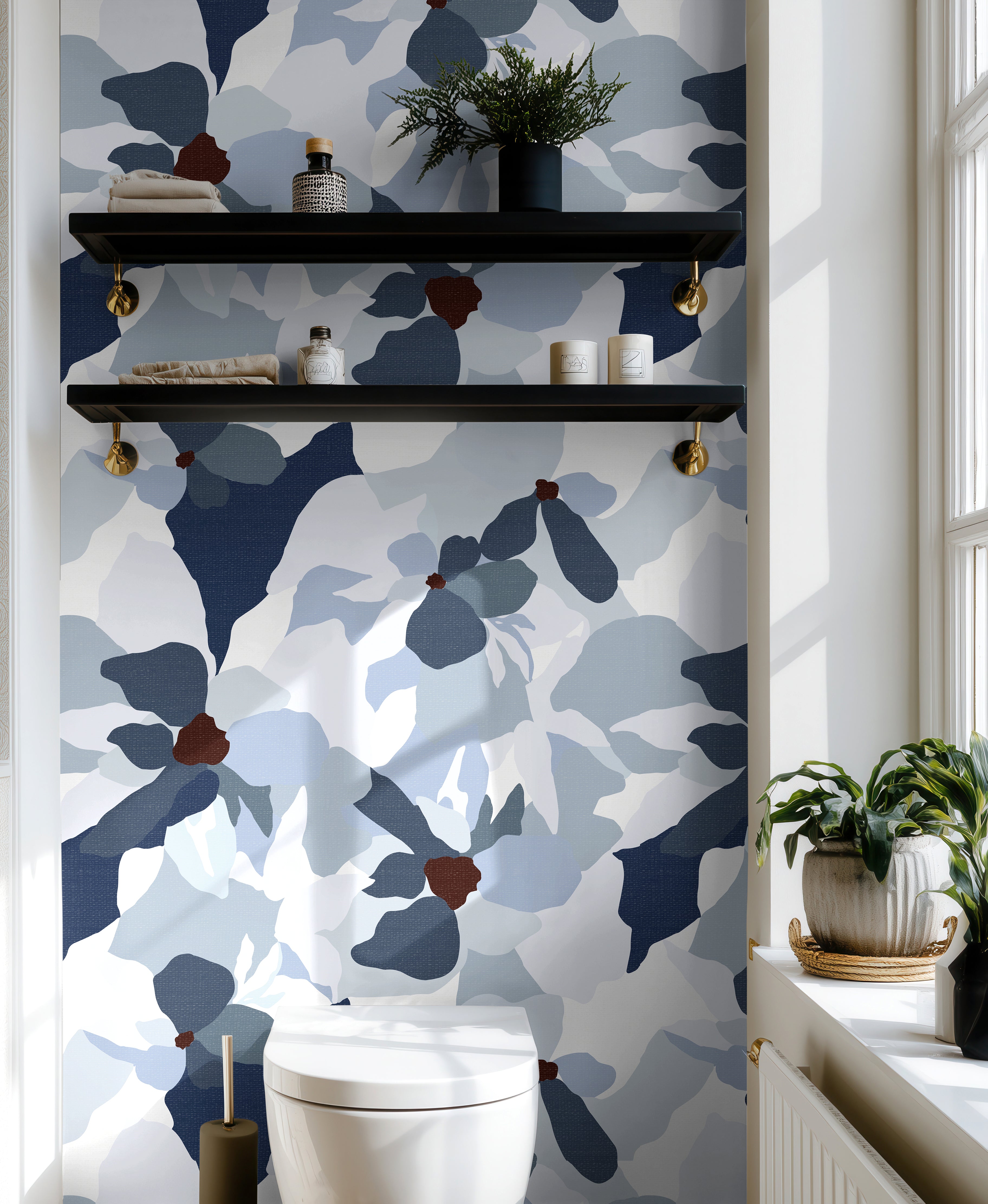 blue gray floral bathroom wallpaper creating a calm retreat-like atmosphere