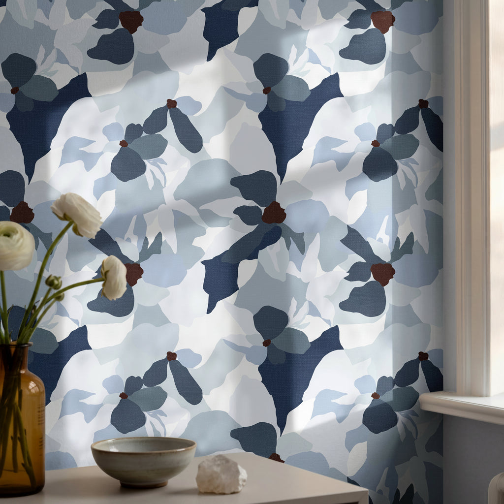 soft blue gray floral wallpaper in living room with neutral decor