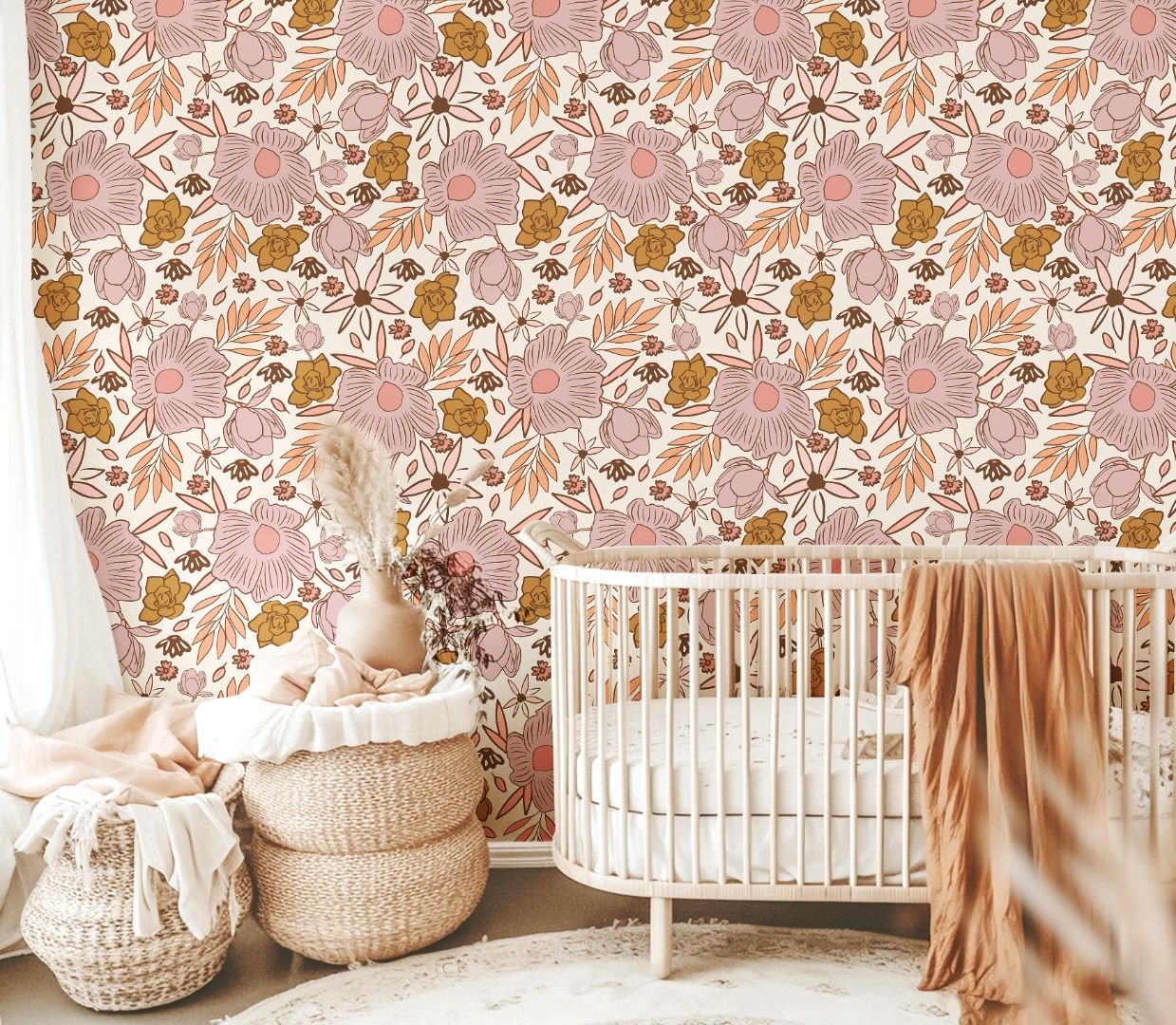 soft floral nursery wallpaper featuring blush blooms, warm mustard roses, and delicate botanical details