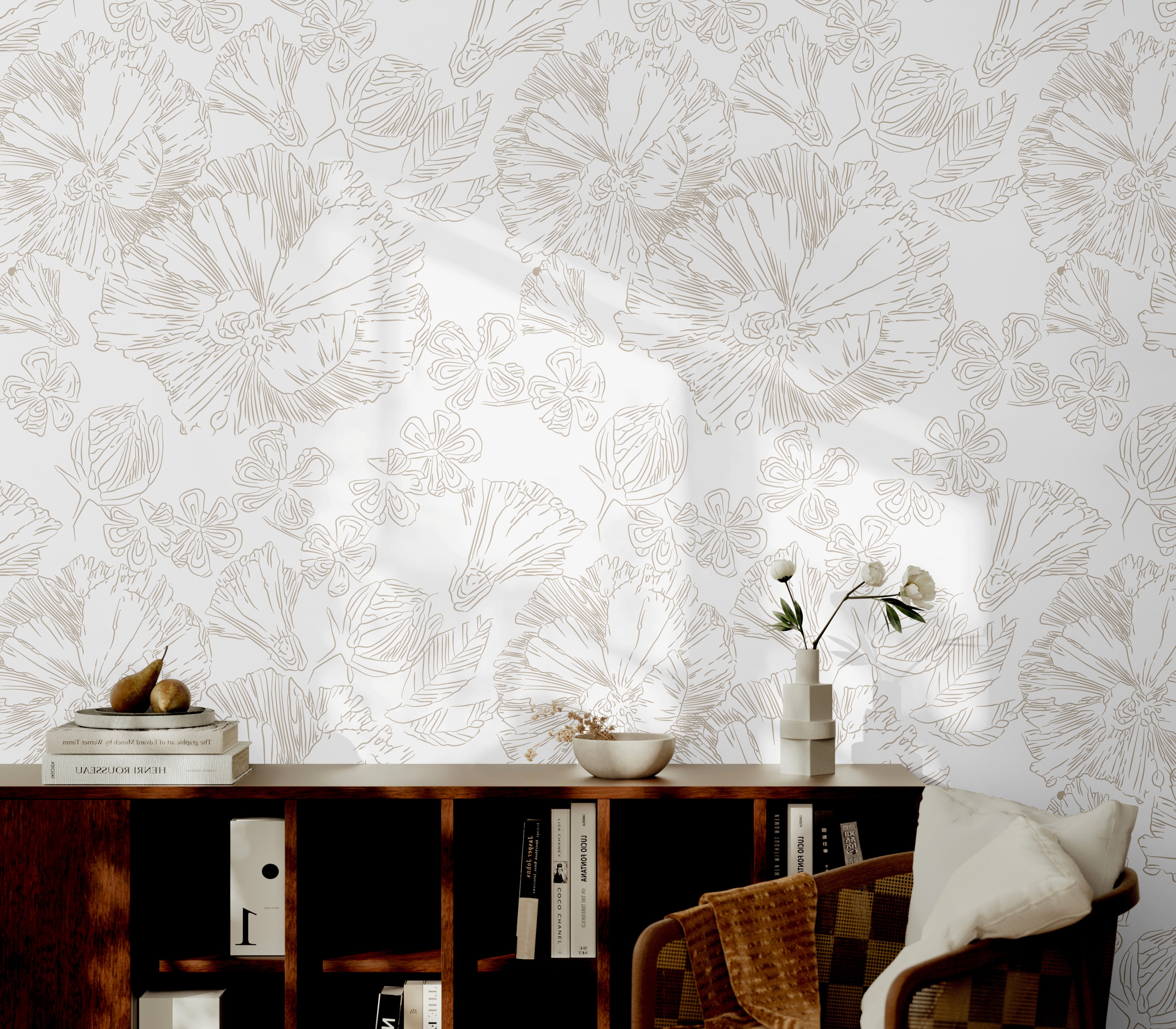 Wallpaper 2029 hand drawn flower wallpaper with neutral palette.