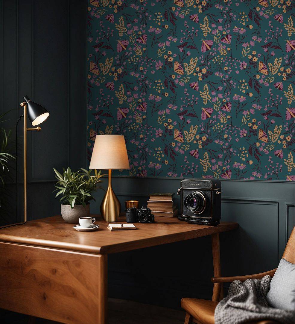  Desk workspace featuring Tealmore Wilds teal botanical wallpaper with butterflies, wildflowers, and golden florals.