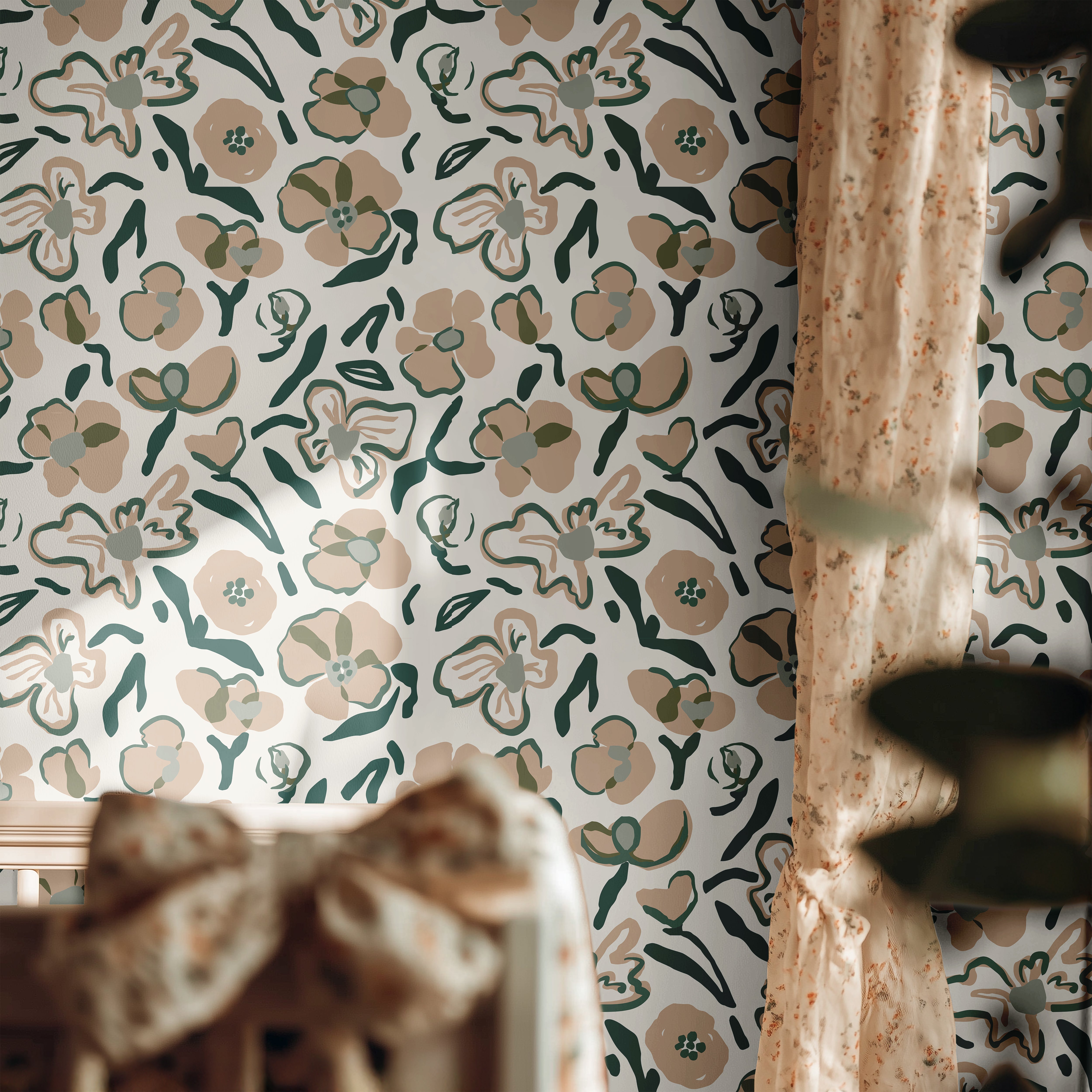 green floral wallpaper with neutral tones styled in modern bedroom