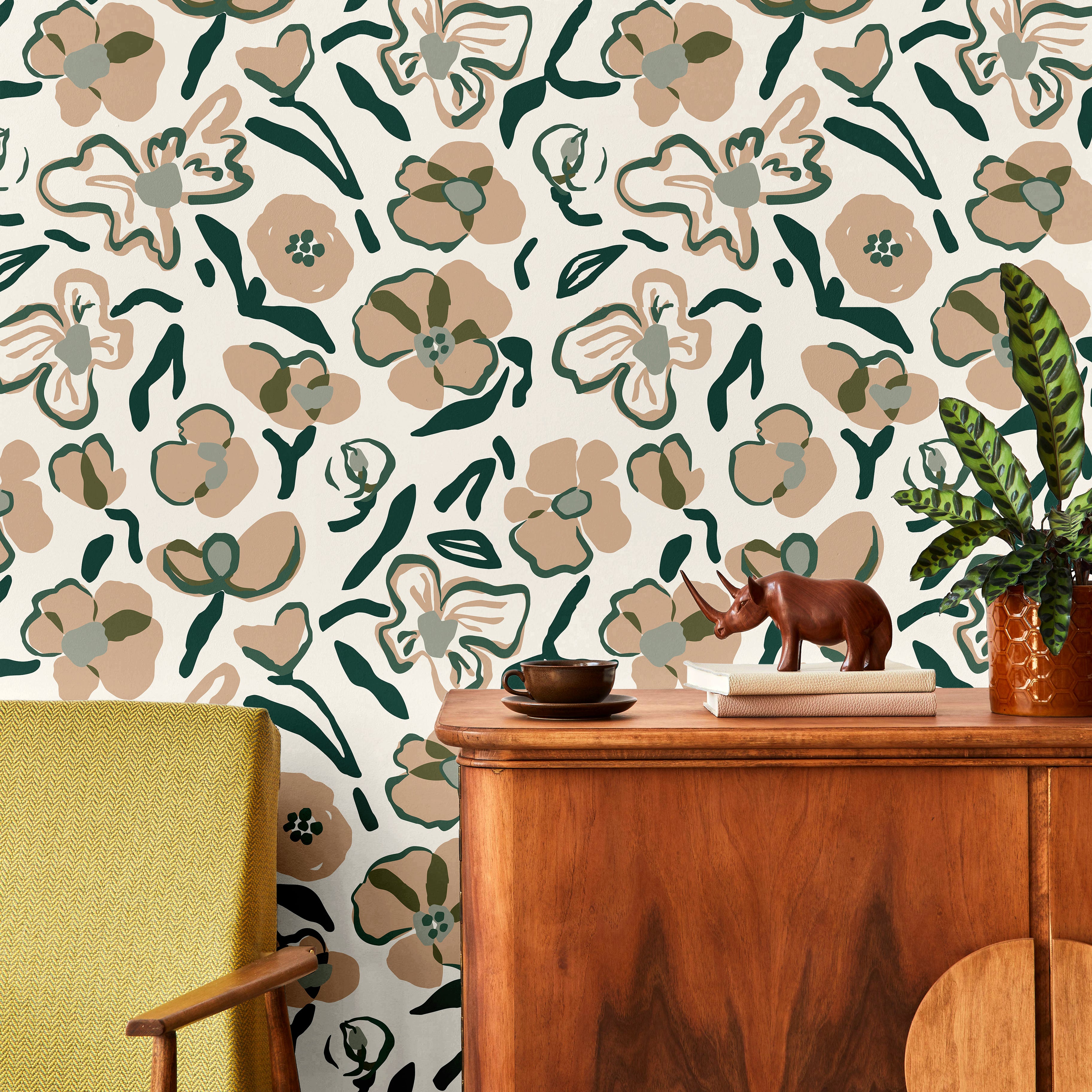 neutral floral wallpaper with green and tan botanical pattern in modern living room