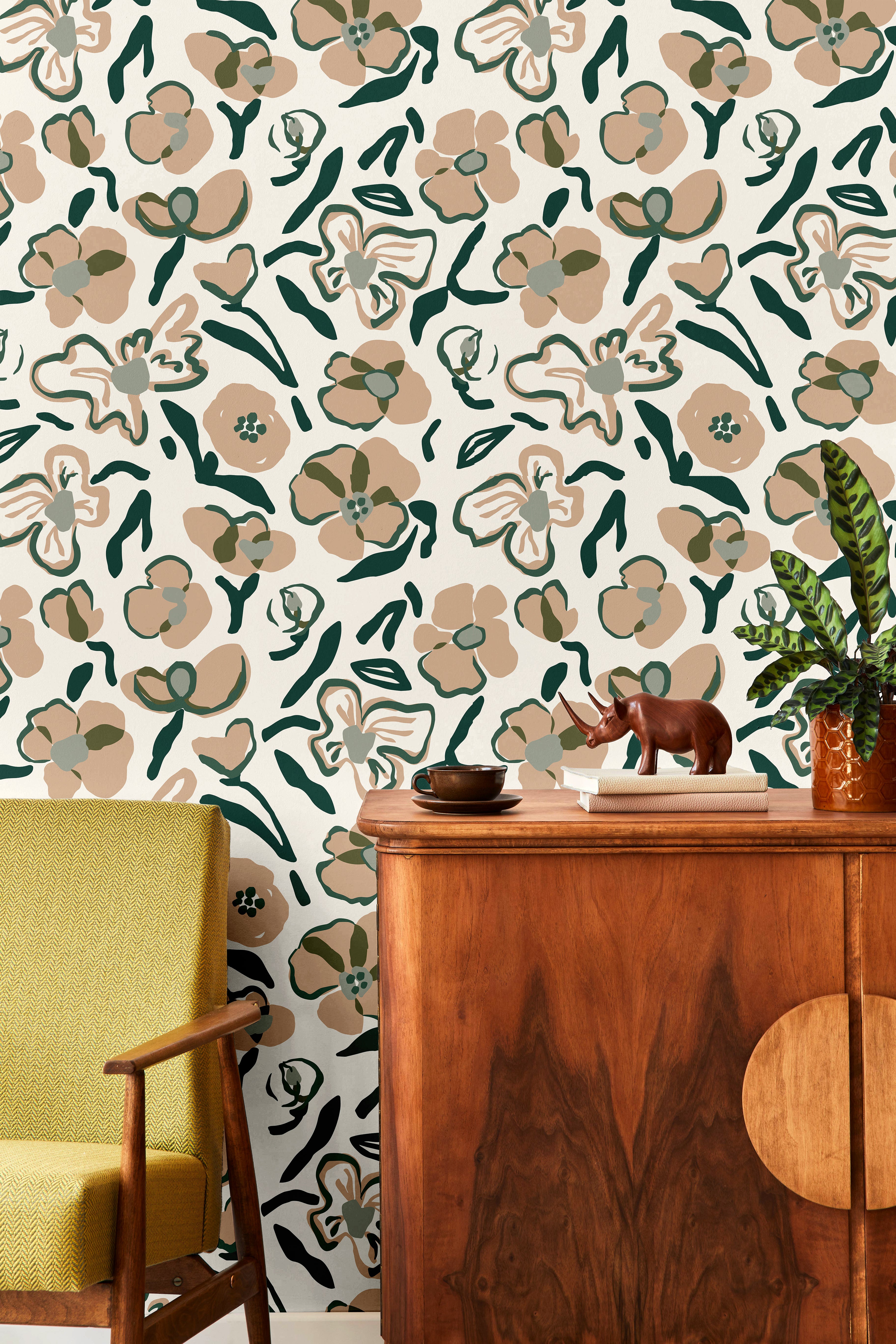 neutral floral wallpaper with green and tan botanical pattern in modern living room