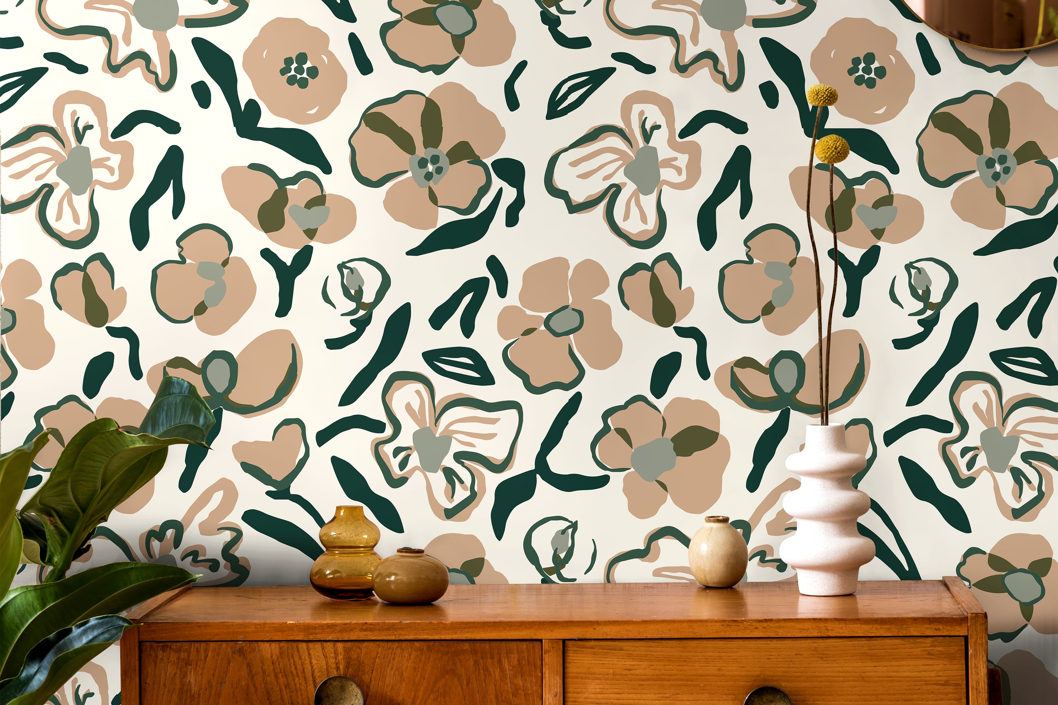neutral floral wallpaper with green and tan botanical pattern in living room