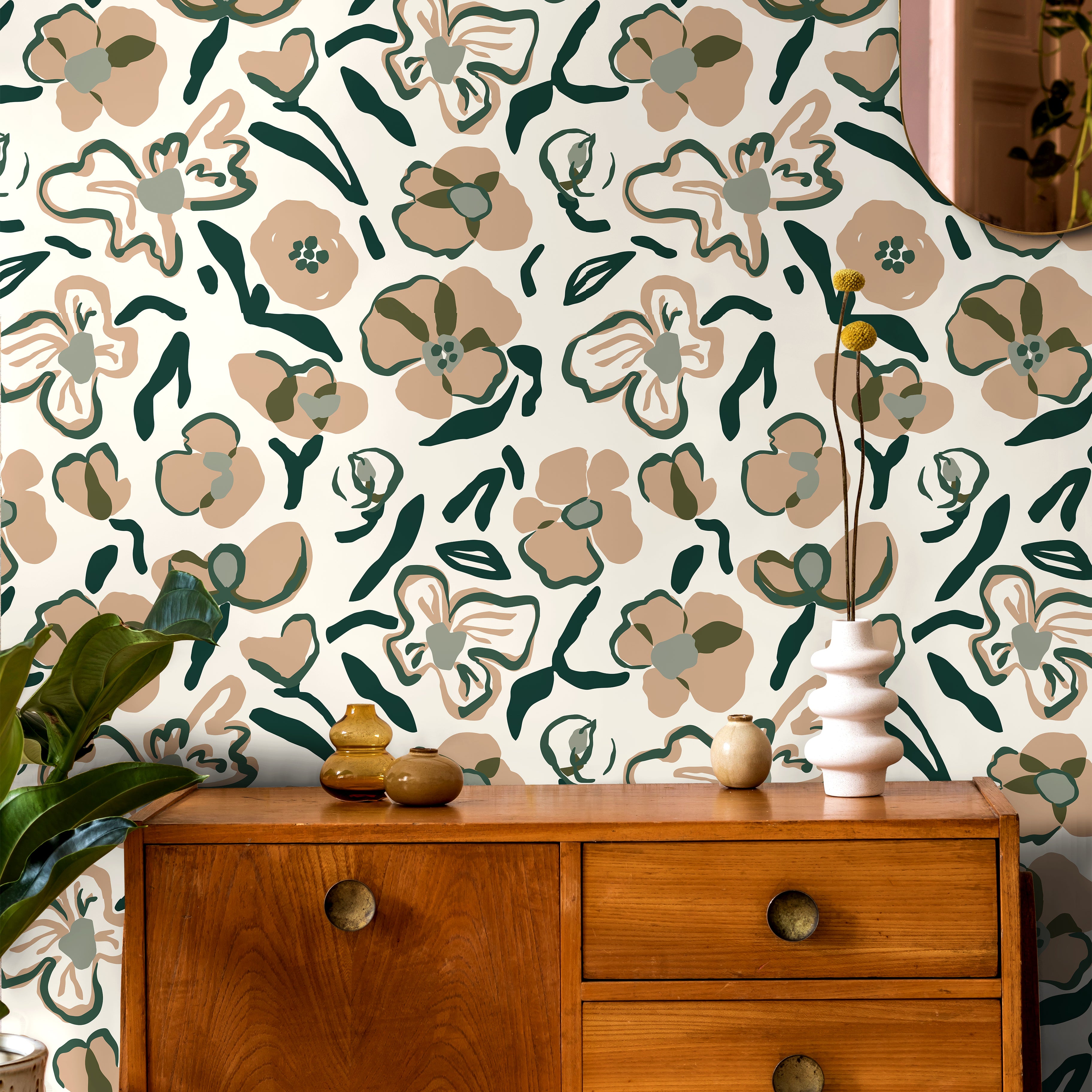 neutral floral wallpaper with green and tan botanical pattern in living room
