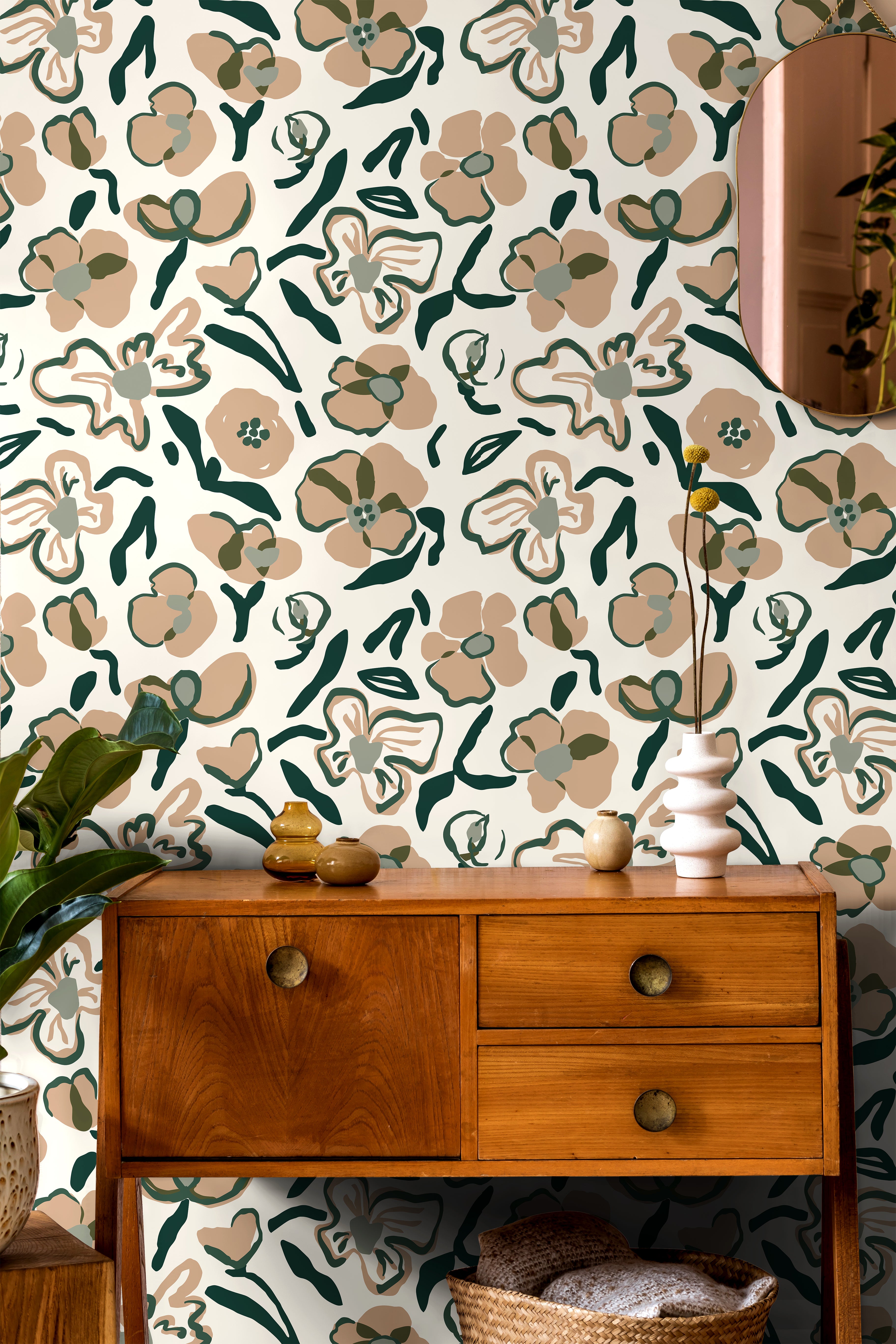 neutral floral wallpaper with green and tan botanical pattern in living room