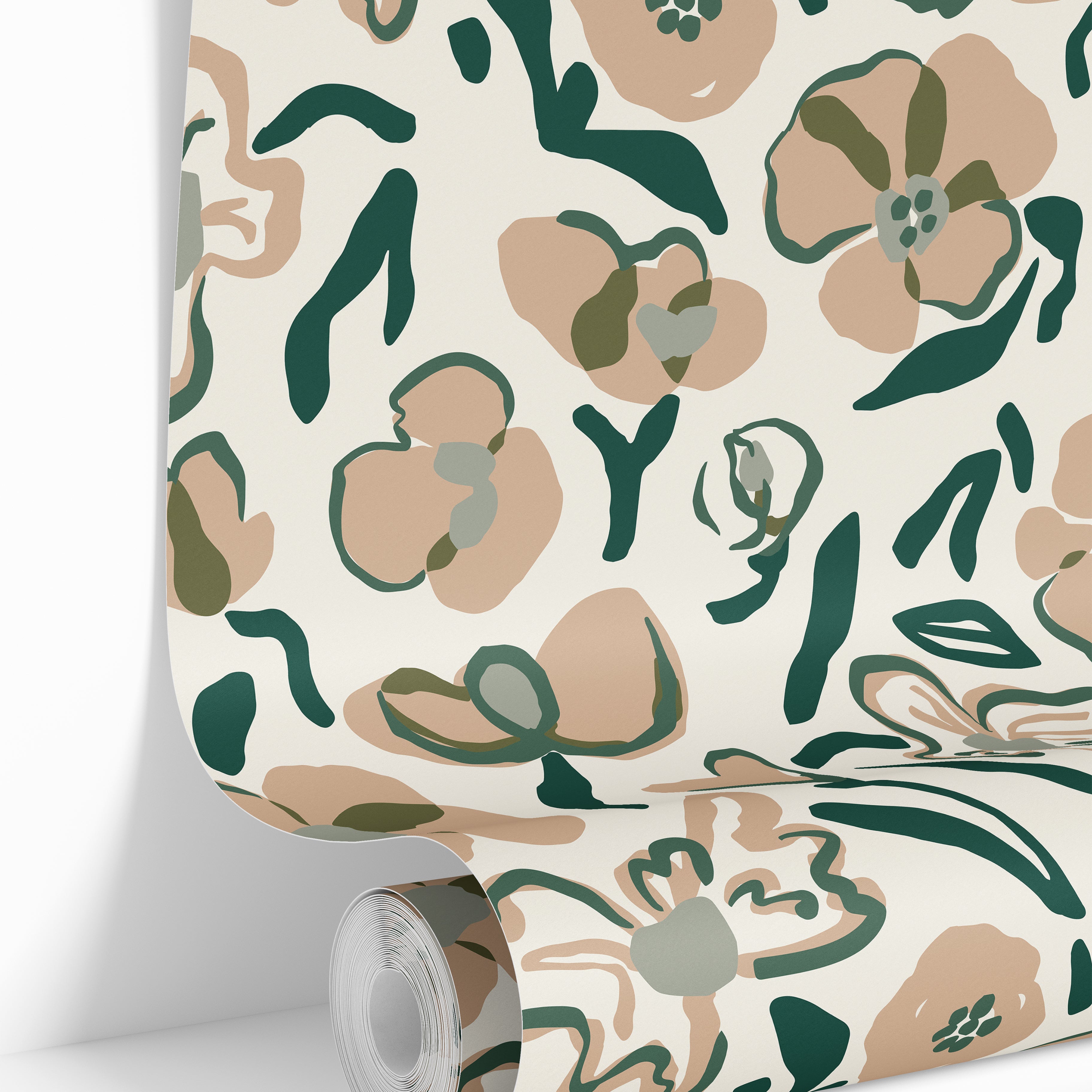 floral wallpaper roll showing green and tan botanical pattern
