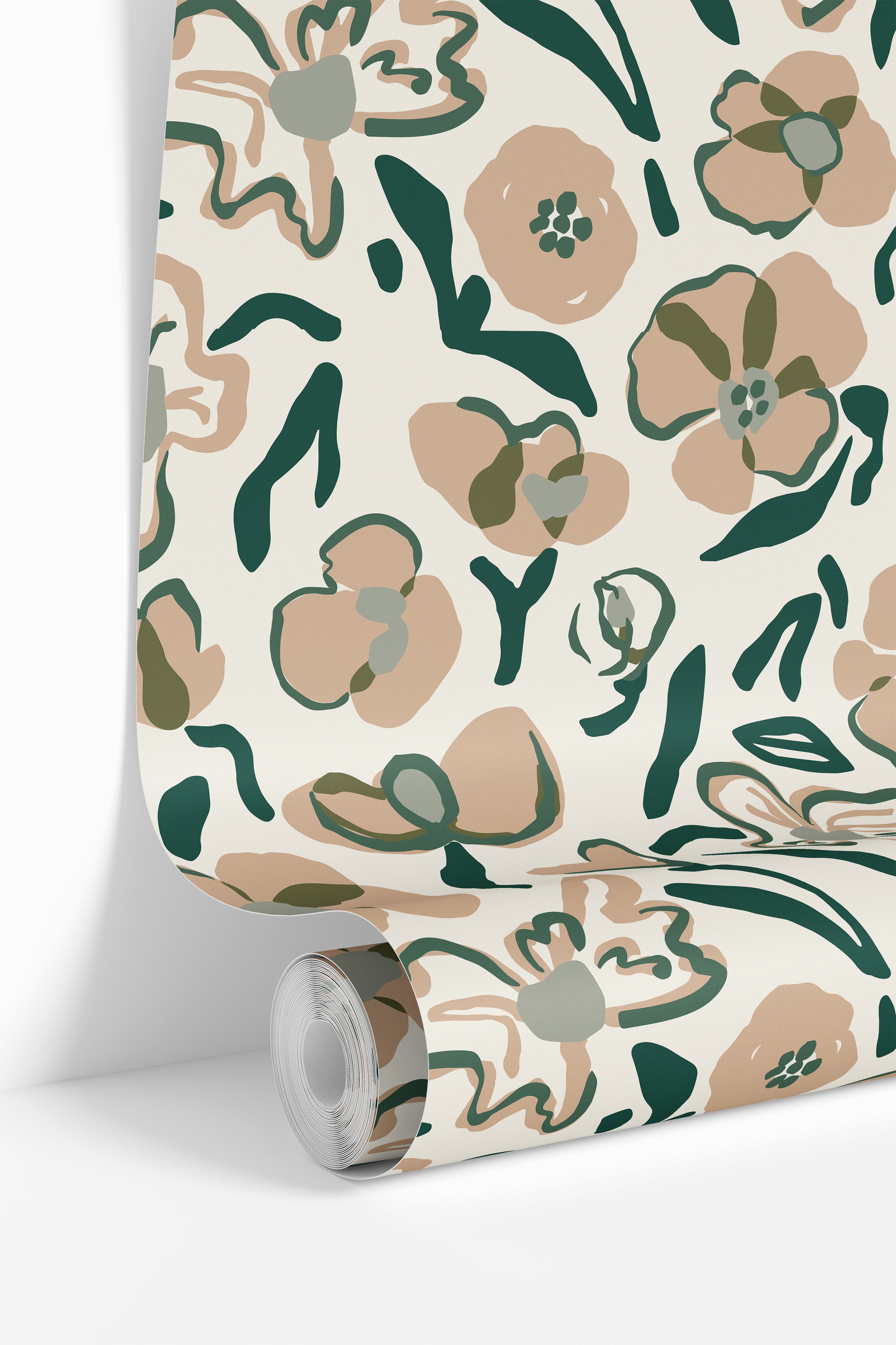 floral wallpaper roll showing green and tan botanical pattern
