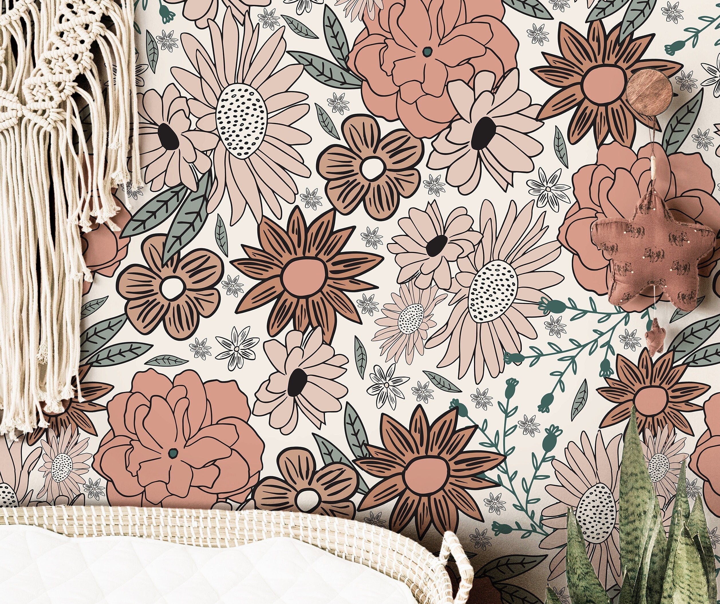 boho floral wallpaper 382 with terracotta and blush tones
