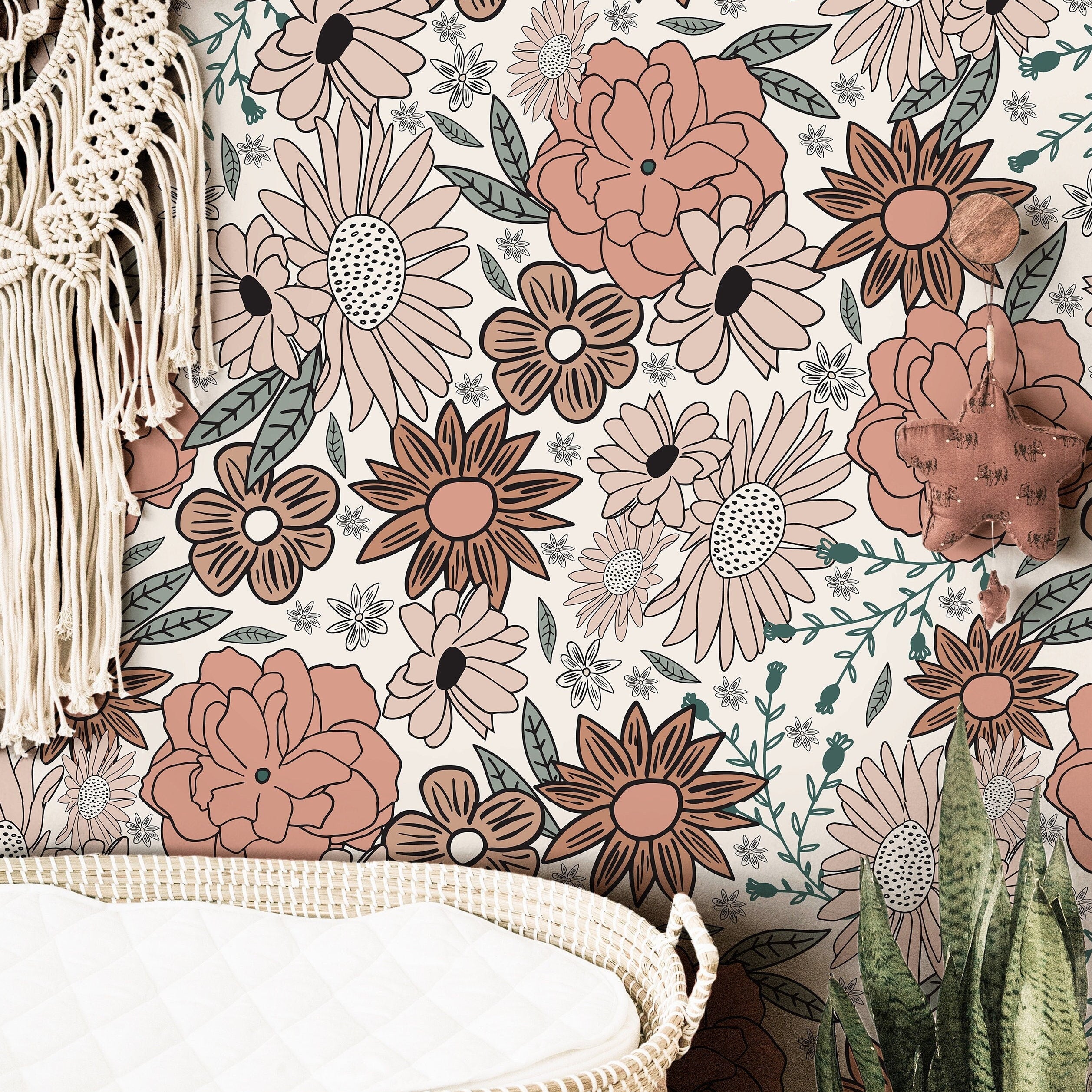 boho floral wallpaper 382 with terracotta and blush tones