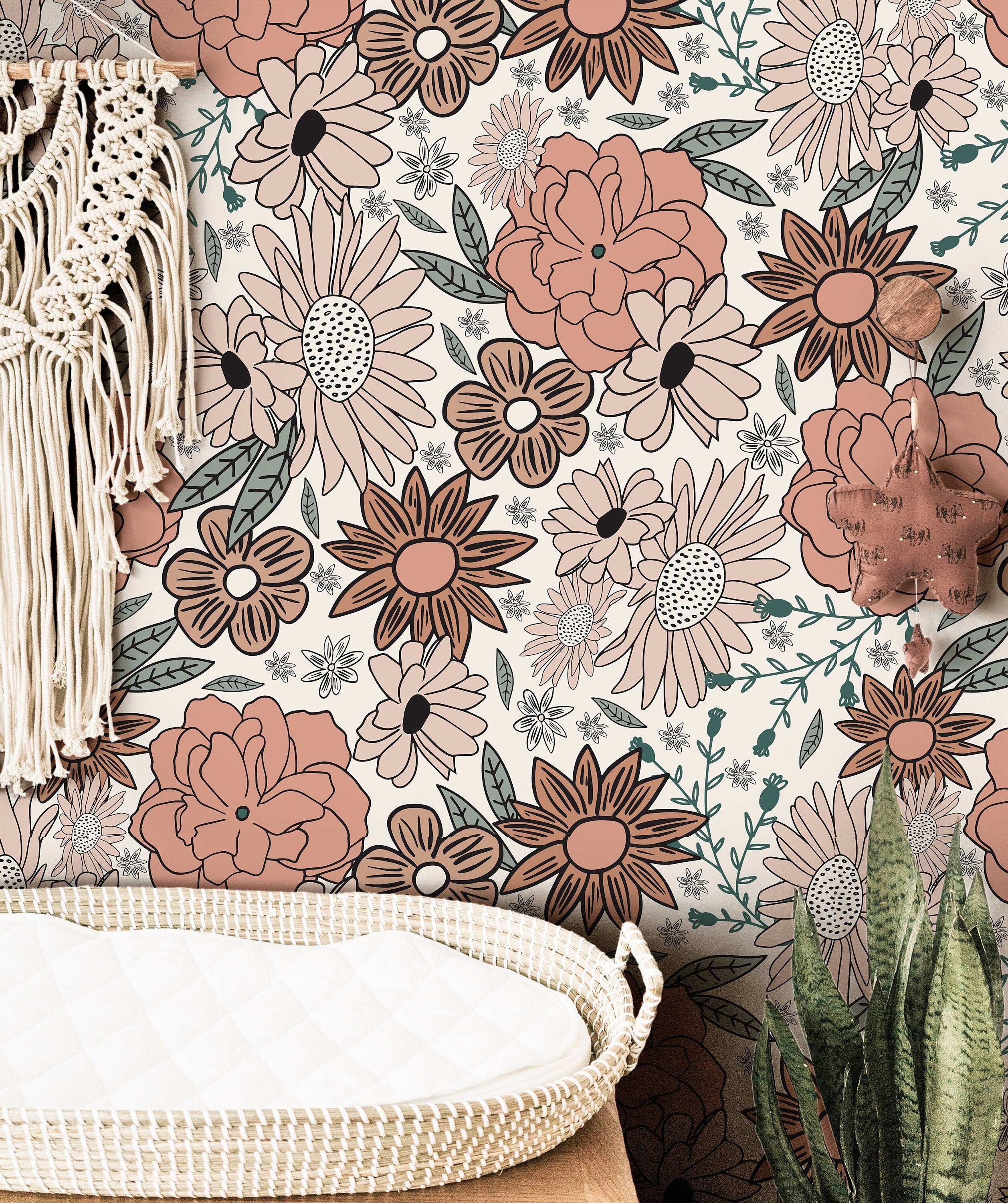 boho floral wallpaper 382 with terracotta and blush tones