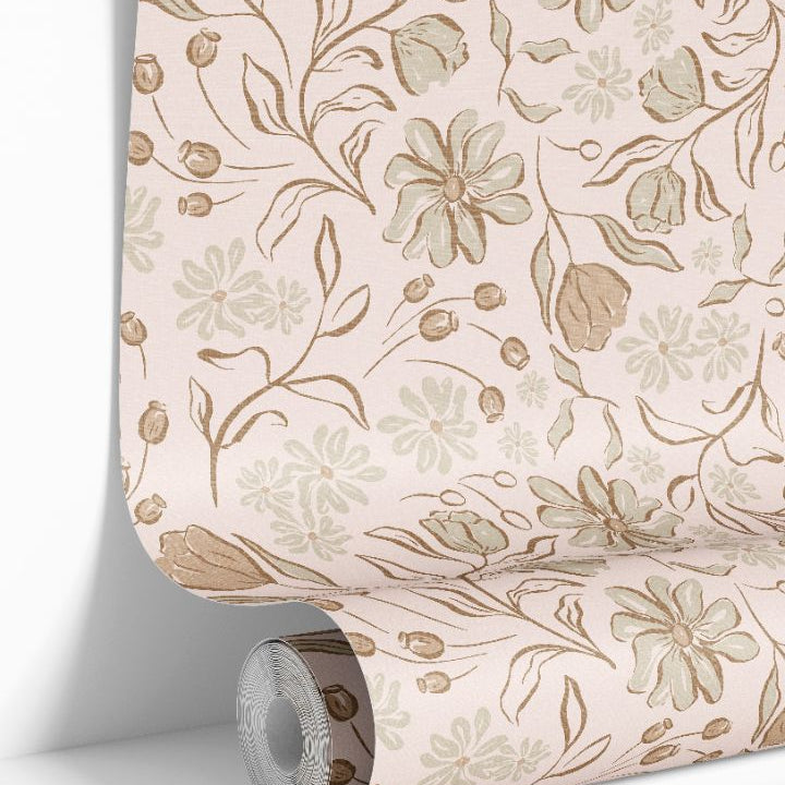 Roll of Terramont wallpaper – 2275 in light clay and sage tones with delicate linen texture.