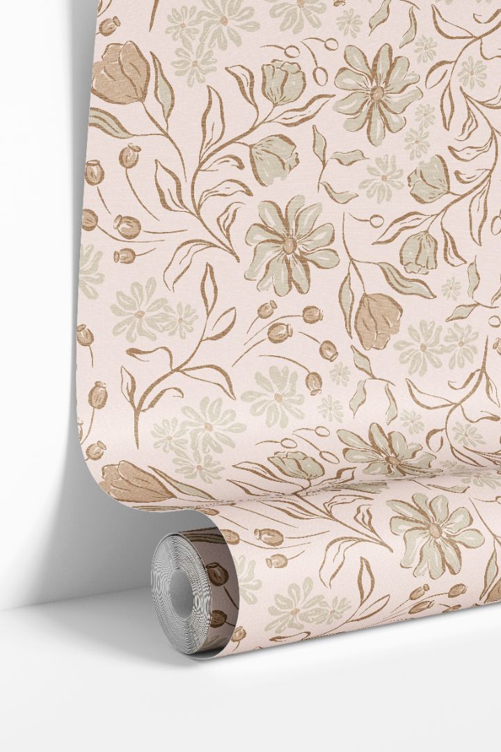 Roll of Terramont wallpaper – 2275 in light clay and sage tones with delicate linen texture.