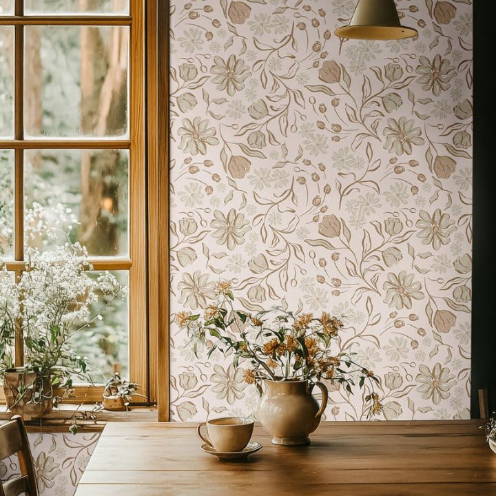 Terramont wallpaper styled in a sunlit hallway with neutral wood tones and natural light.