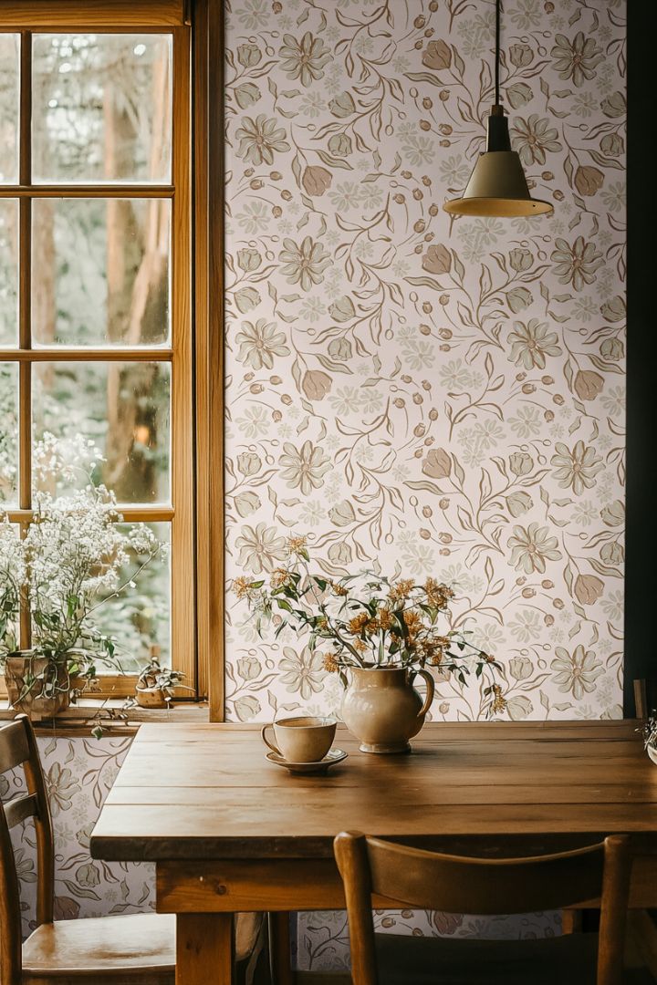 Terramont wallpaper styled in a sunlit hallway with neutral wood tones and natural light.