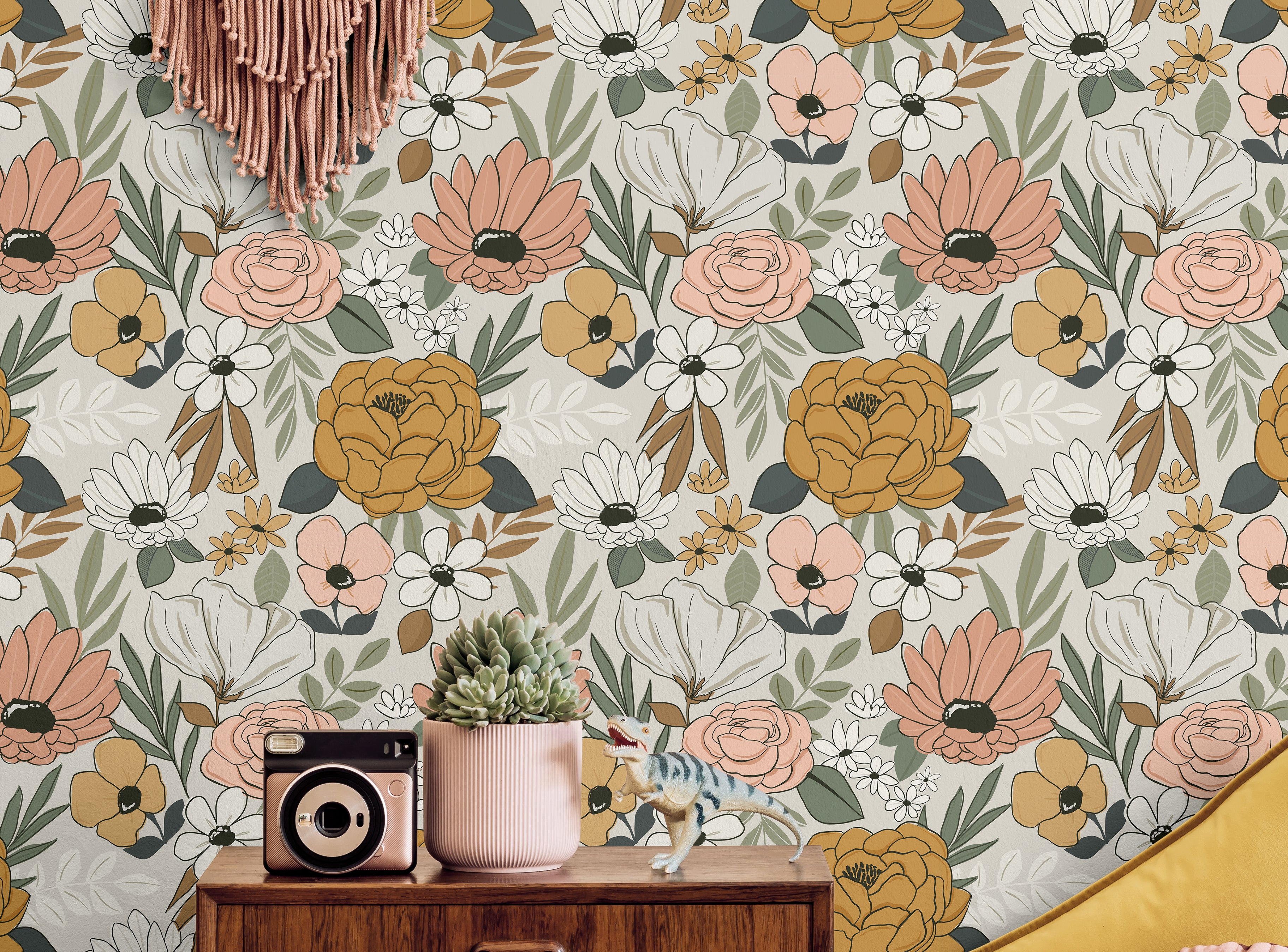 the bloom keeper wallpaper in home office with oversized neutral florals