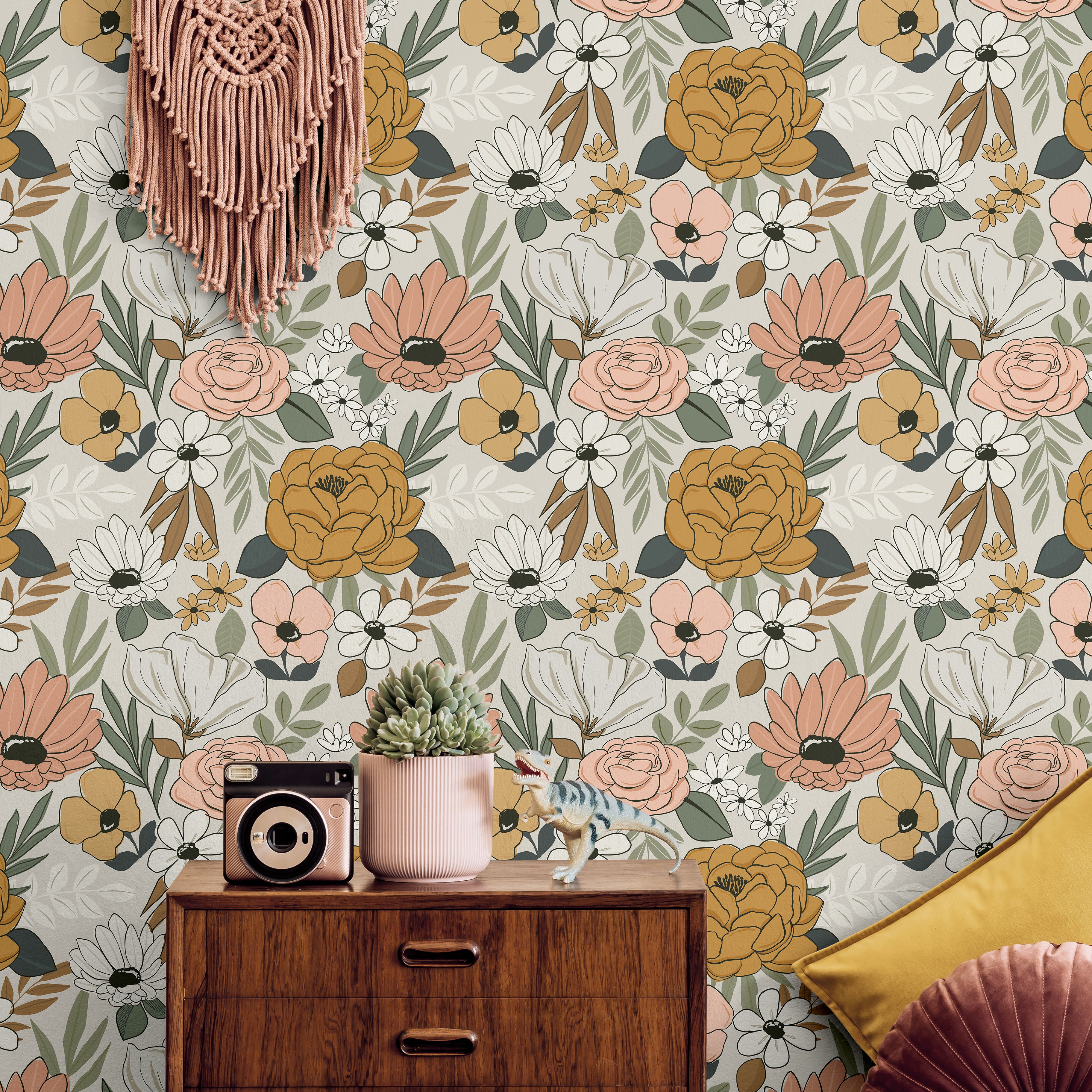the bloom keeper wallpaper in home office with oversized neutral florals