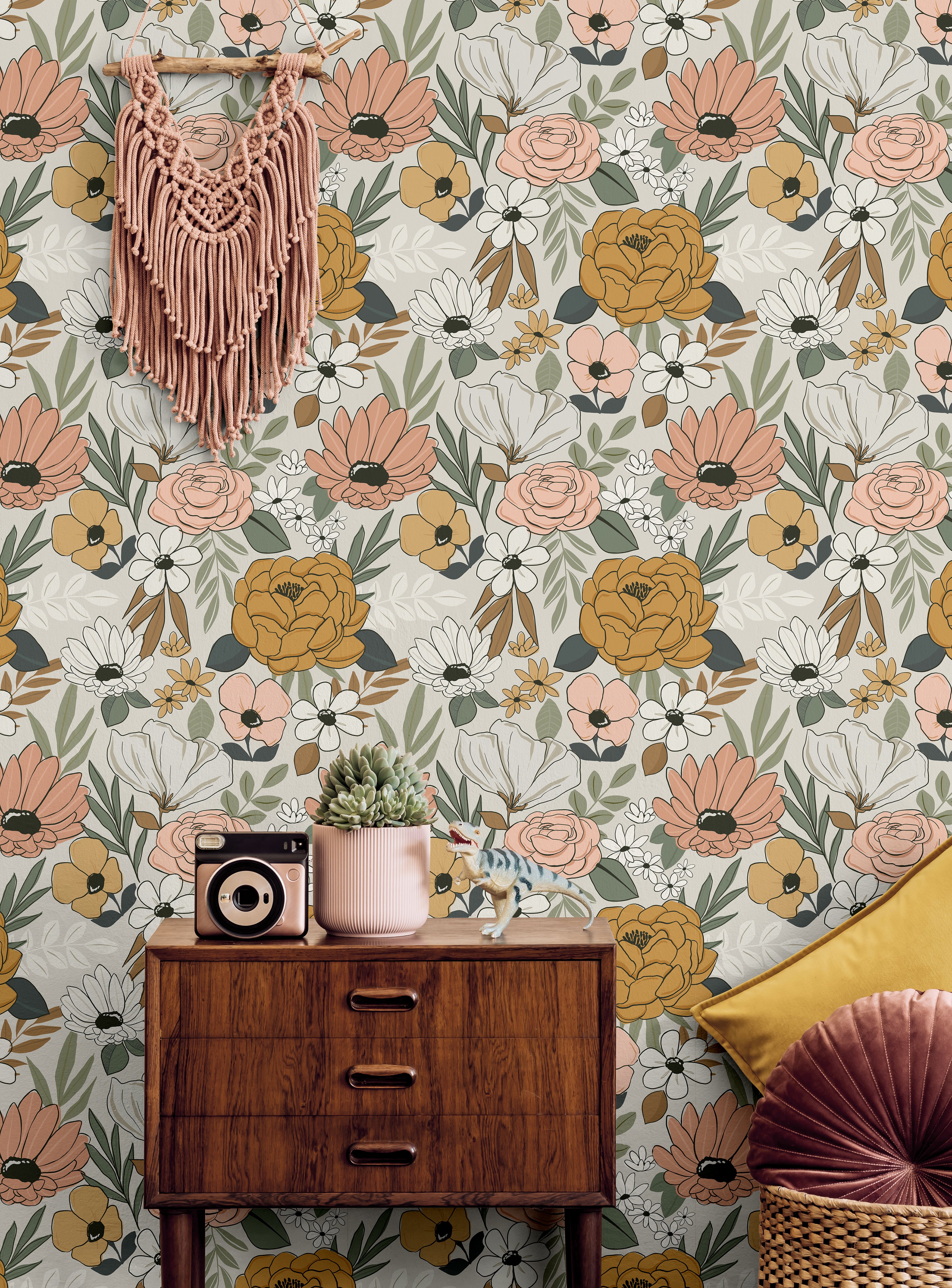 the bloom keeper wallpaper in home office with oversized neutral florals