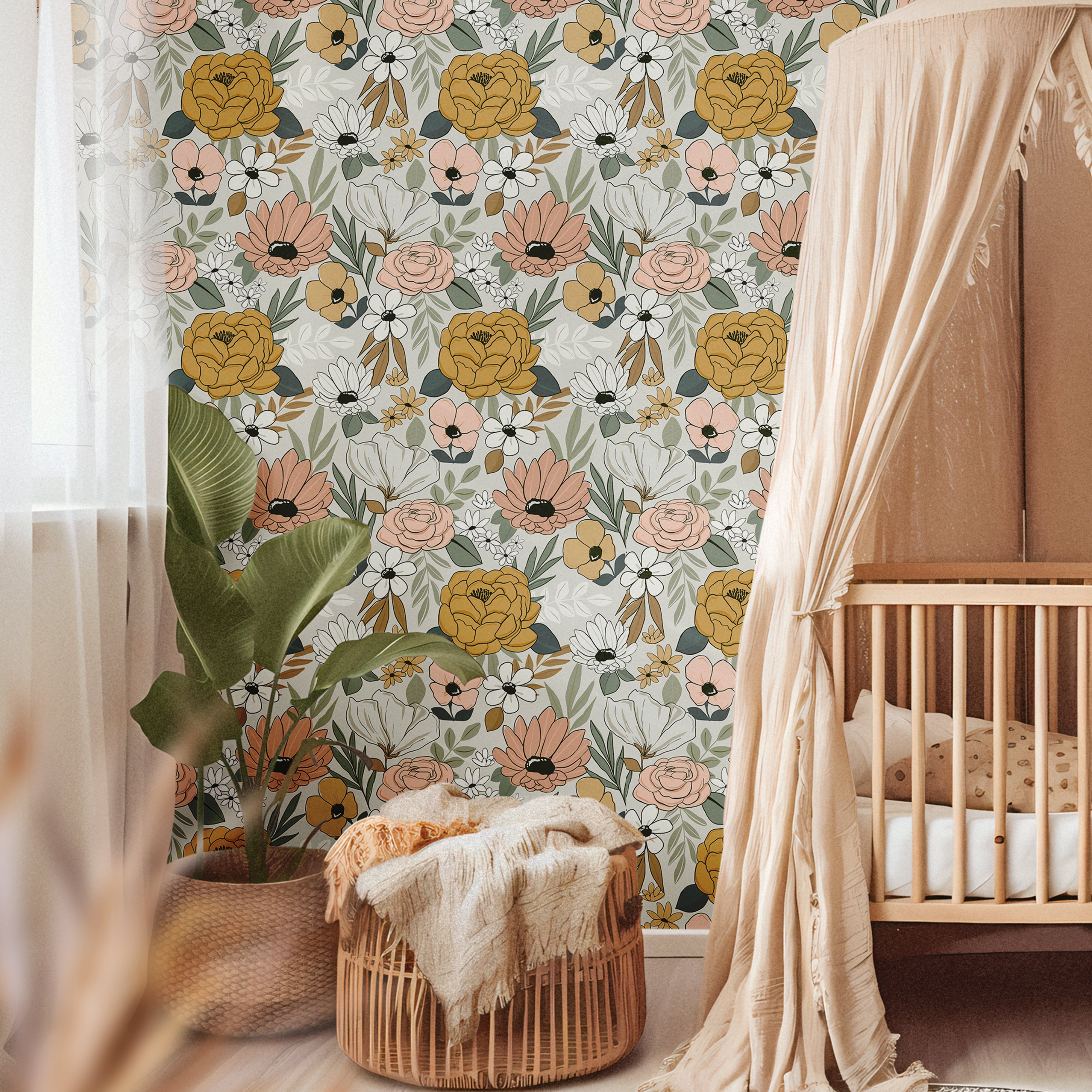 neutral floral wallpaper in cozy nursery with vintage inspired decor