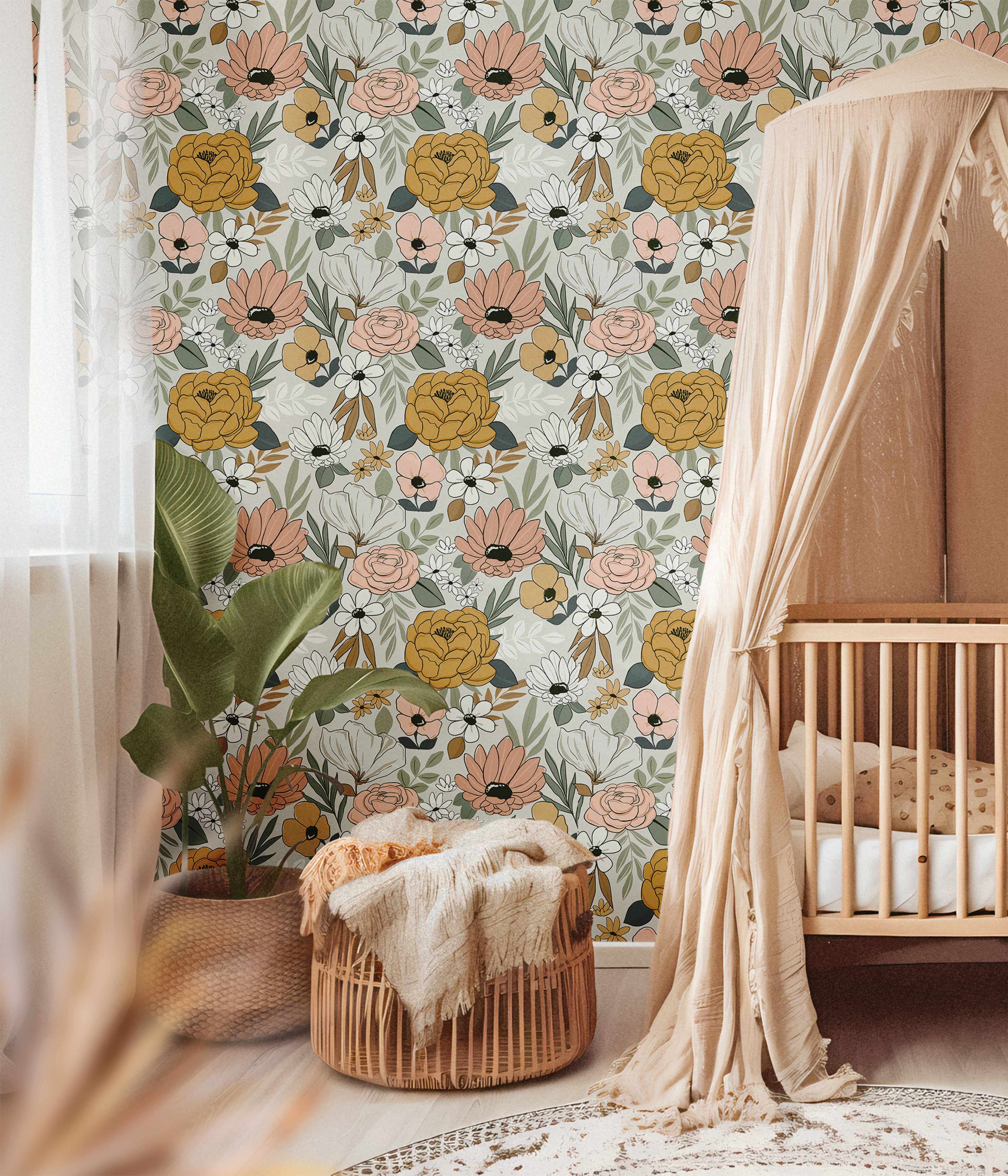 neutral floral wallpaper in cozy nursery with vintage inspired decor