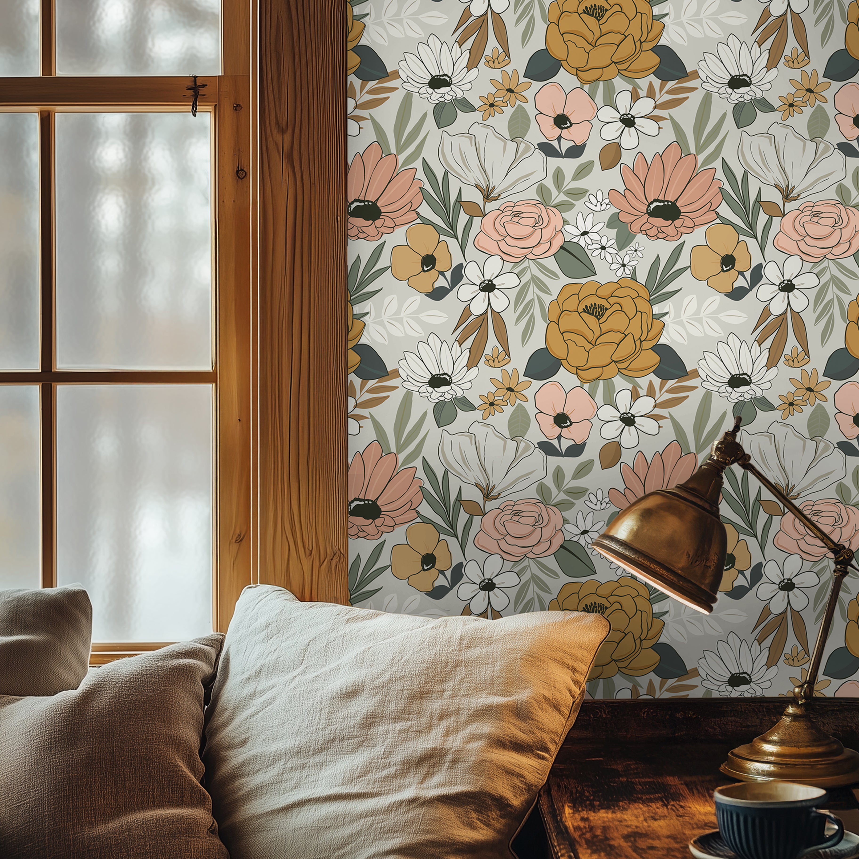 modern cottage wallpaper featuring blush and mustard botanical flowers