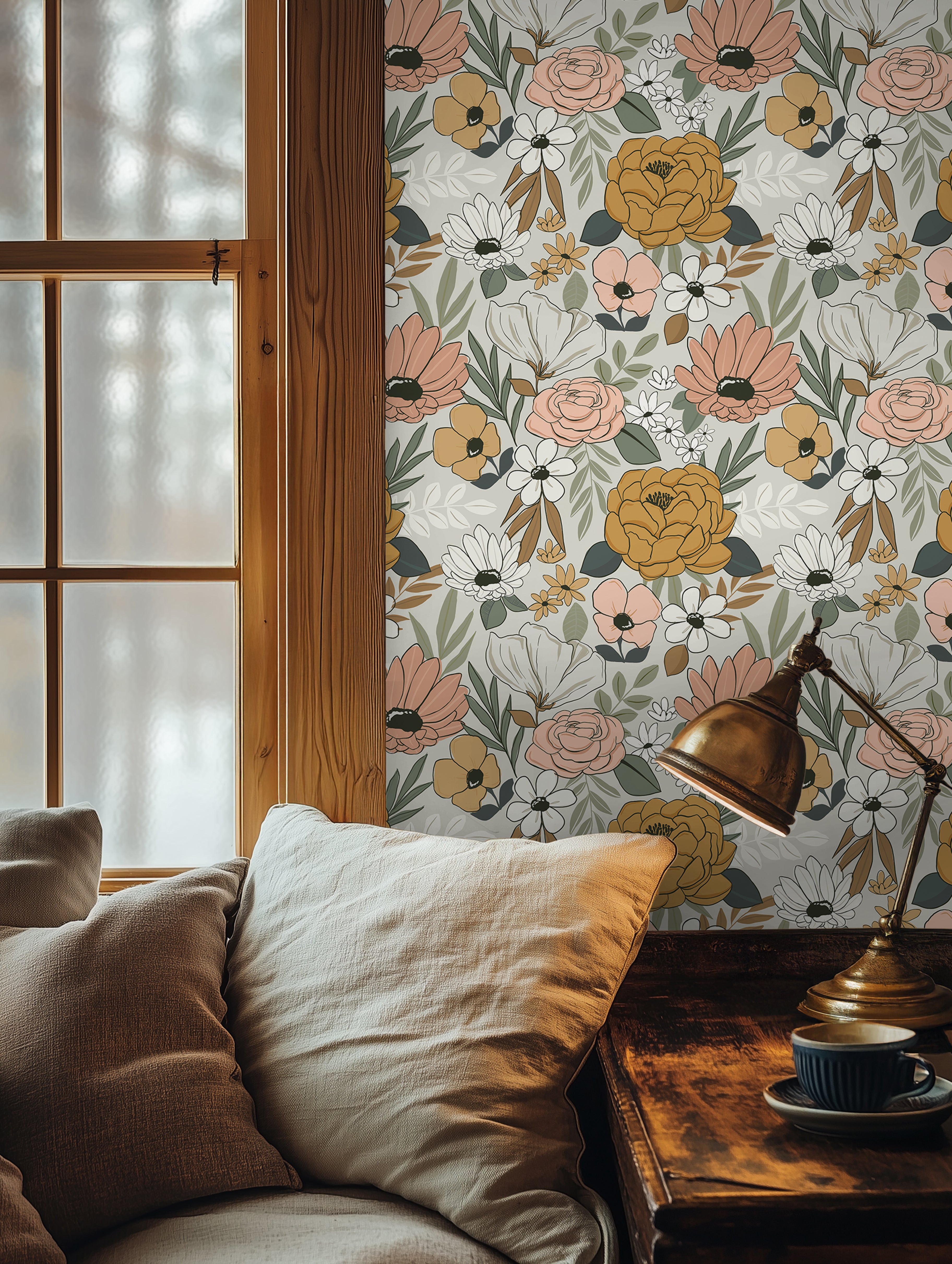 modern cottage wallpaper featuring blush and mustard botanical flowers