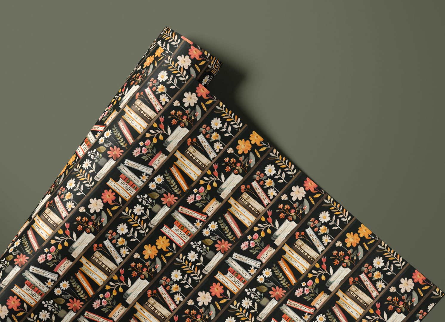 The Curator’s Shelf Peel and Stick Contact Paper featuring book and floral pattern on charcoal background