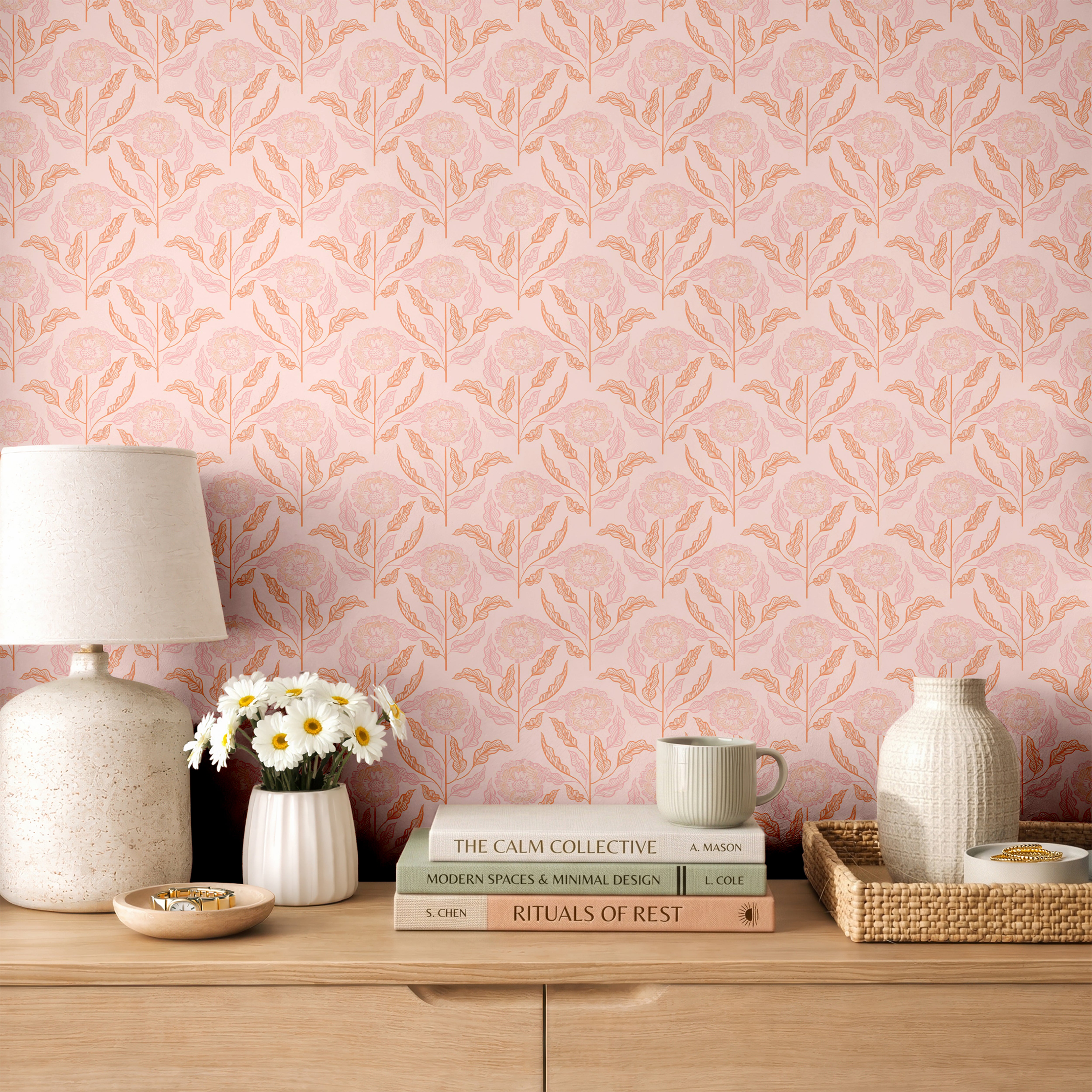 floral peel and stick wallpaper in cottage bedroom