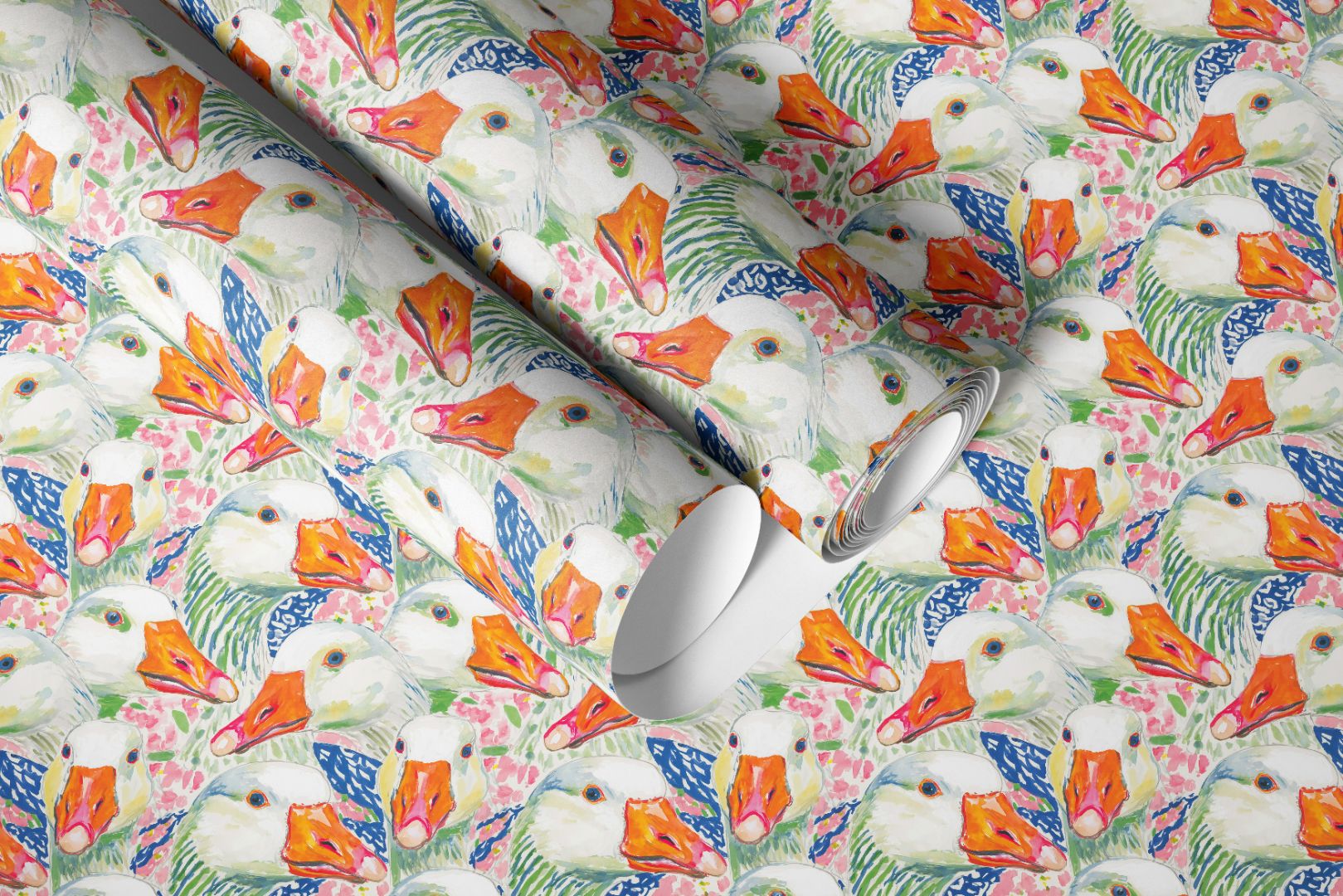 the grand goose pattern detail contact paper roll with expressive goose illustrations and bold brushstrokes in green pink and blue
