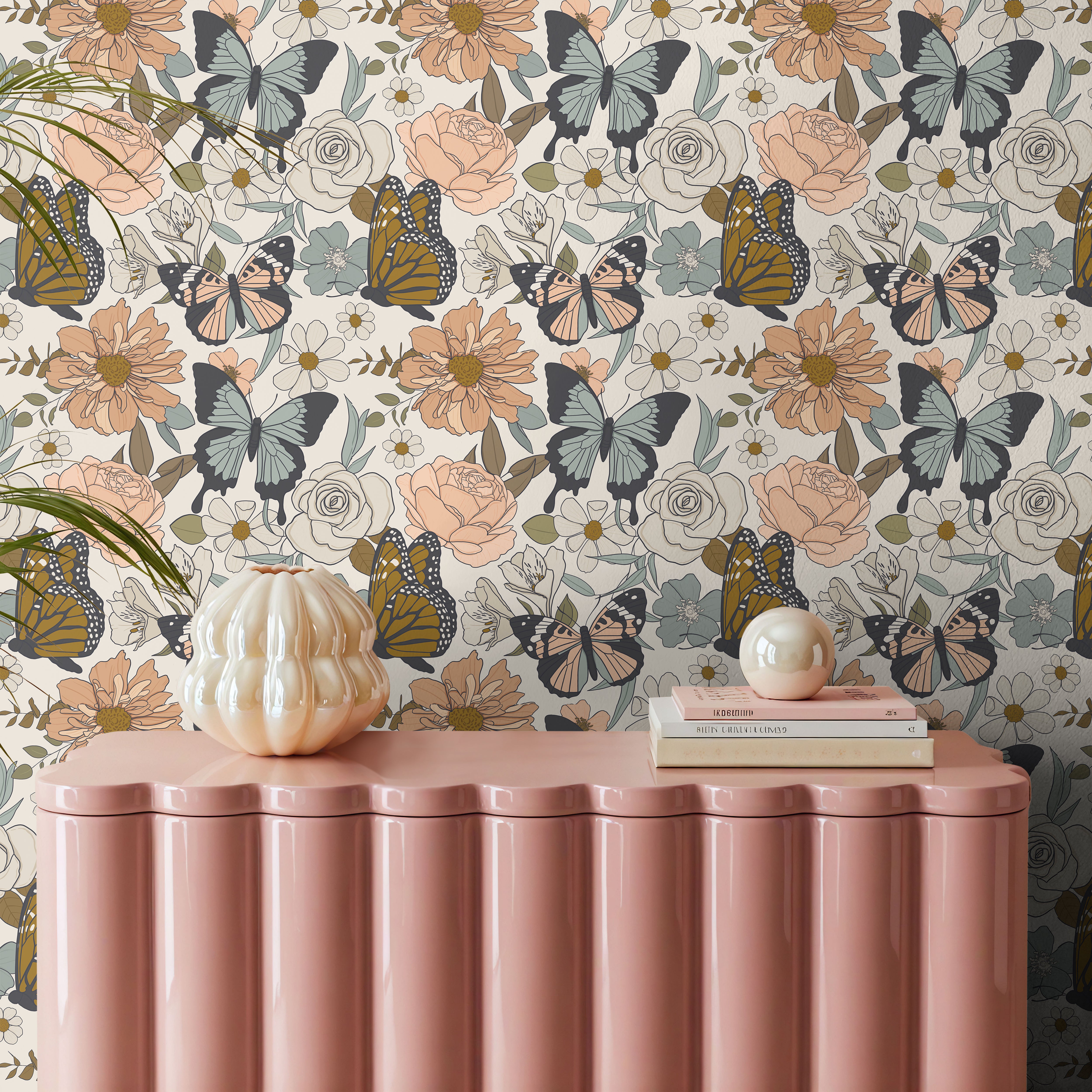 botanical butterfly wallpaper with vintage inspired flowers