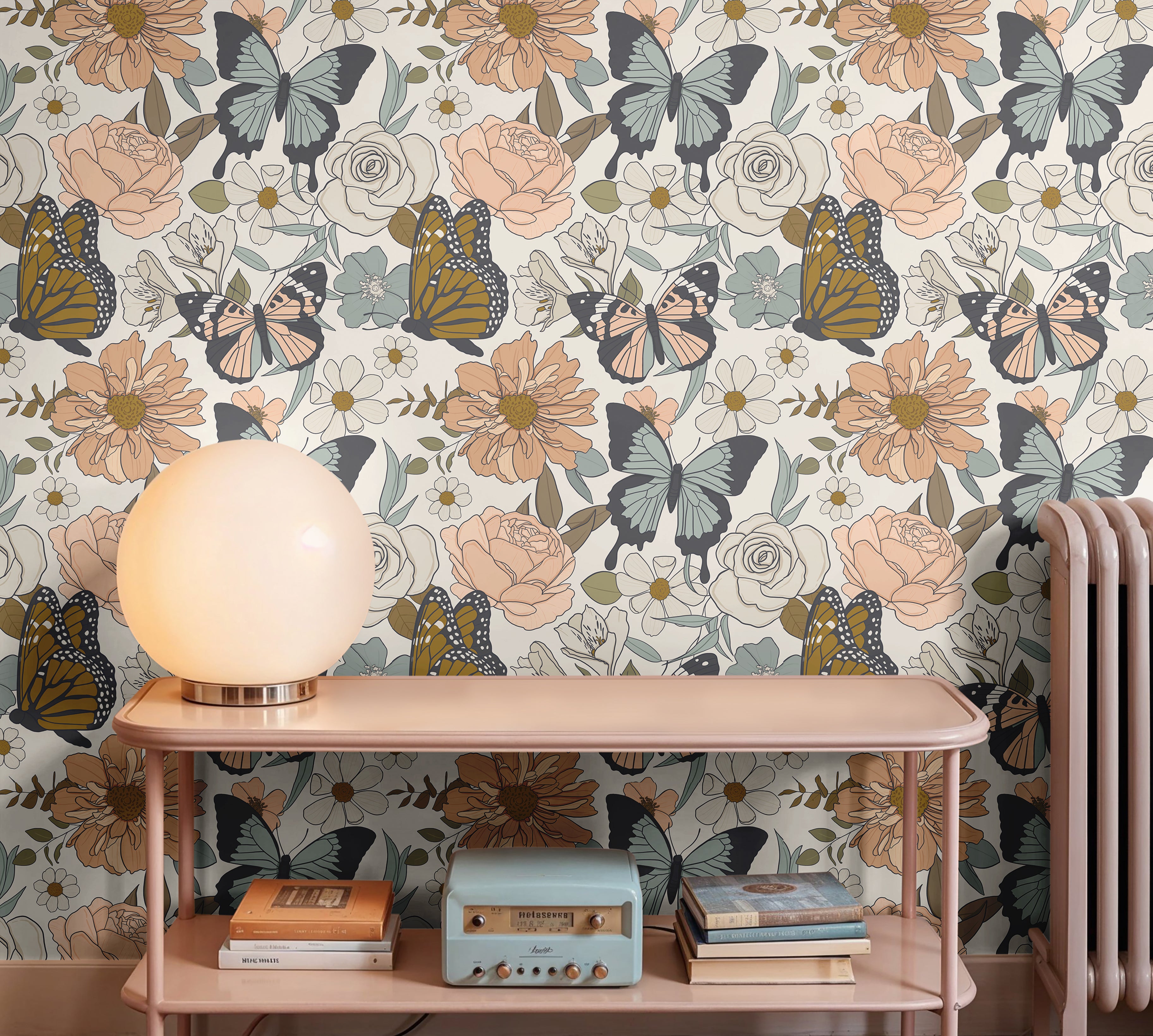 floral peel and stick wallpaper featuring monarch butterflies