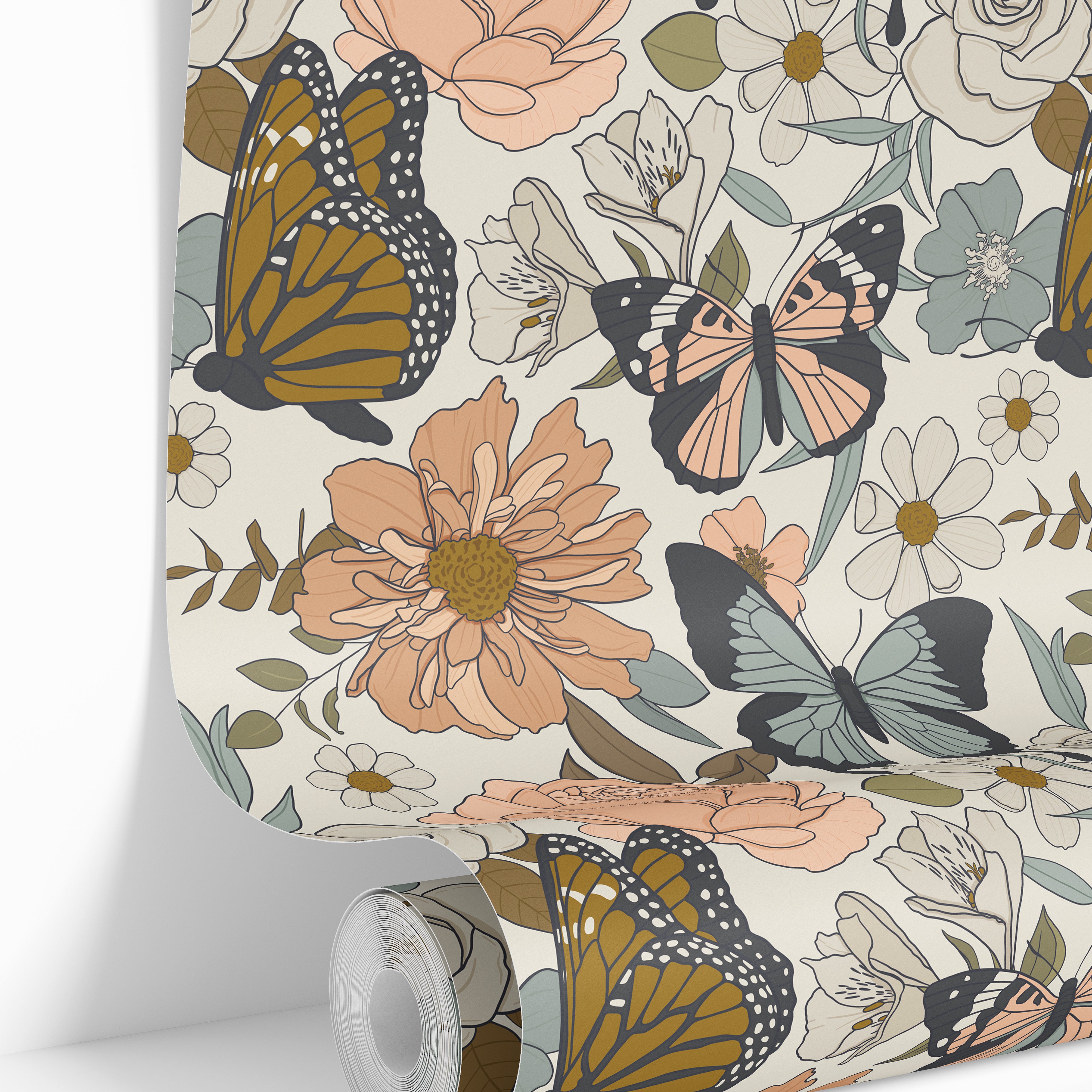 roll of the painted monarch peel and stick wallpaper