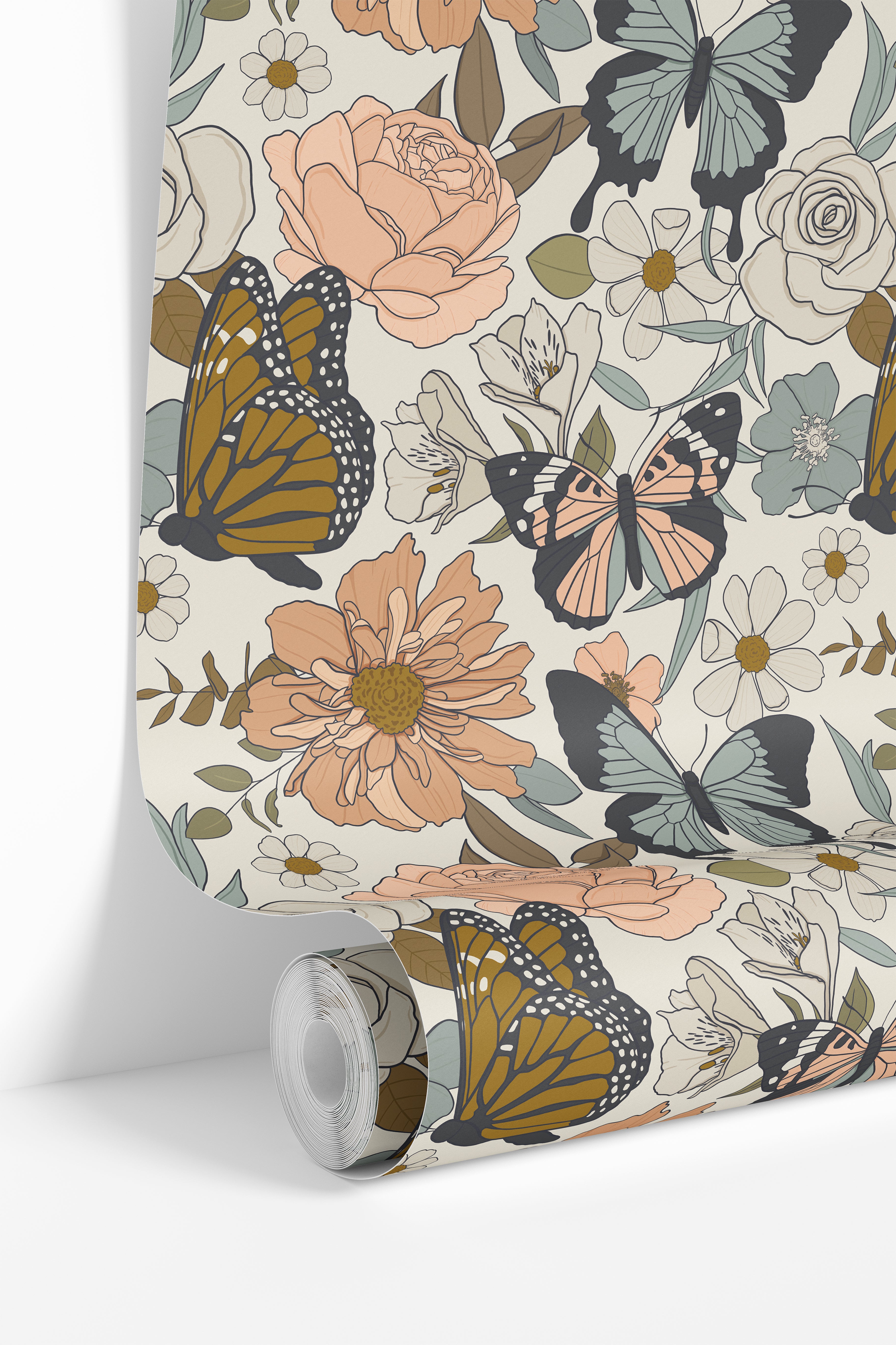 roll of the painted monarch peel and stick wallpaper