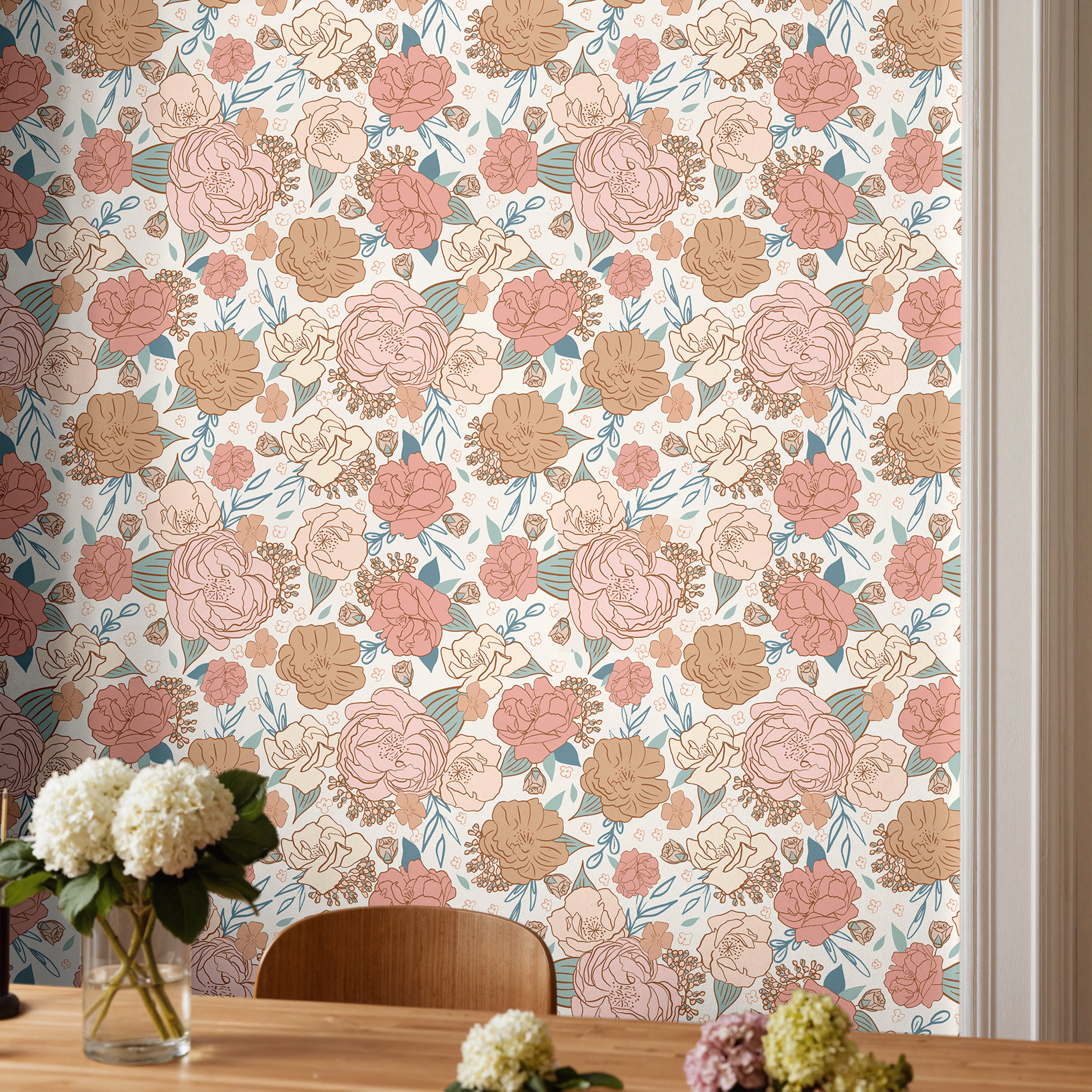 the secret posy wallpaper mood board with blush peach ivory teal with oak furniture linen and floral accents