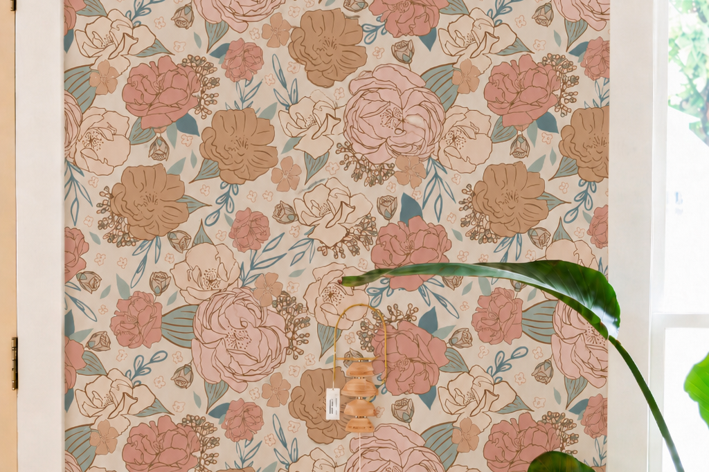 blush and peach floral wallpaper in living corner, with small marble table with stacks of books and wall decor